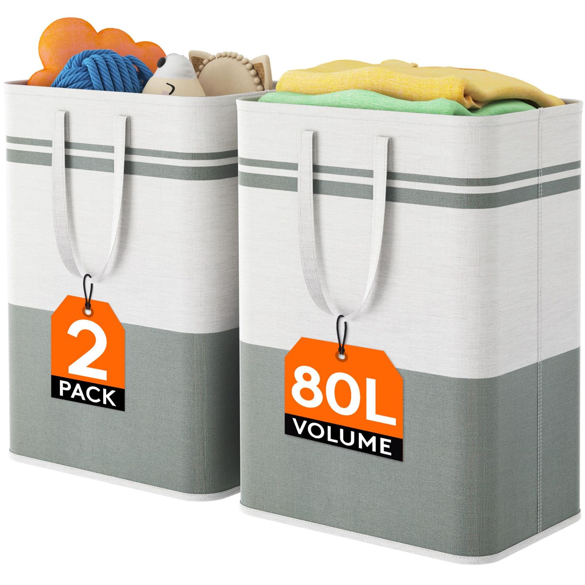 Lifewit 2 Pack Laundry Basket 80L, Freestanding Washing Bastet for Laundry, Collapsible Tall Dirty Clothes Basket Fabric Laundry Hamper with Handles For Bathroom Bedroom Dorm, Grey and White