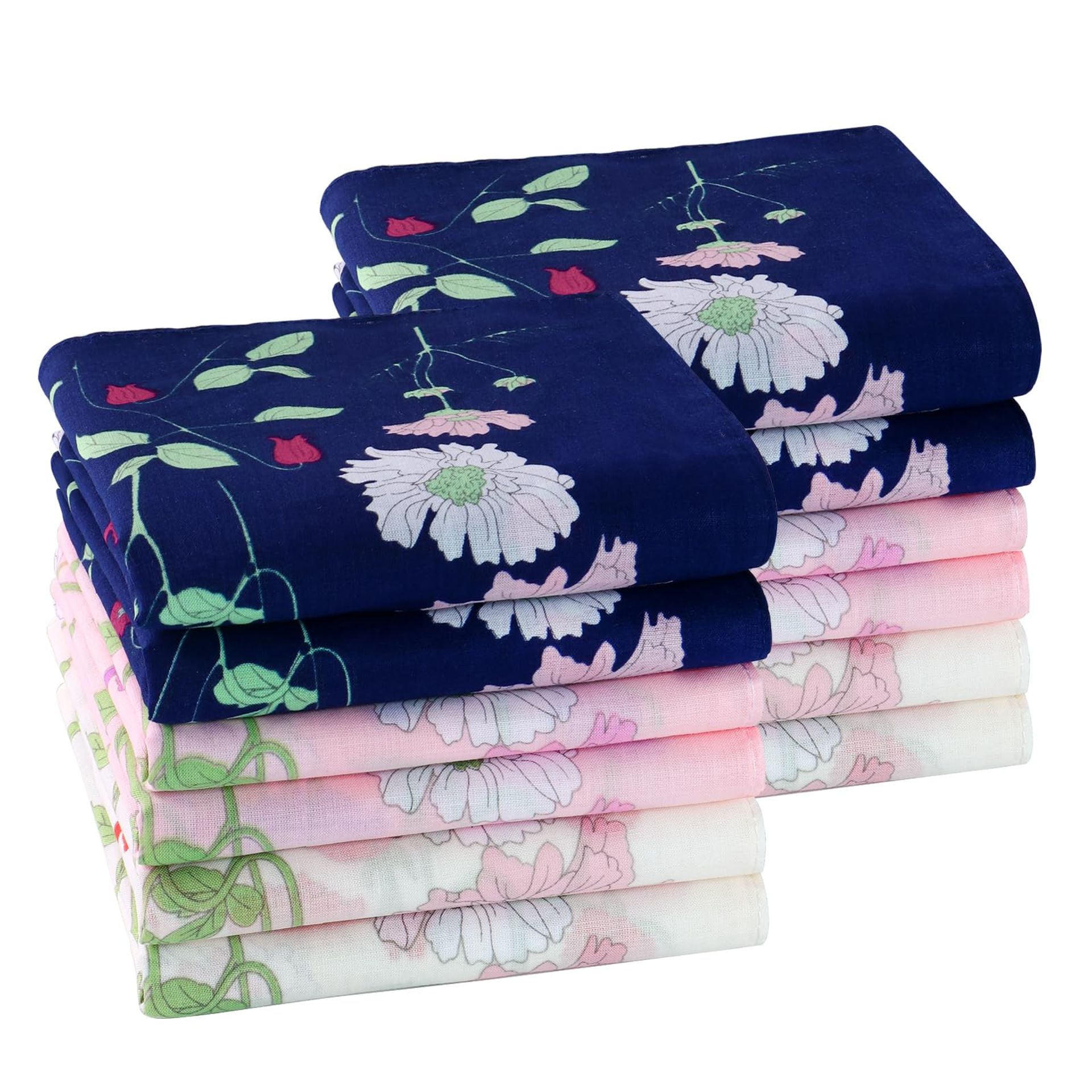 Ladies Floral Handkerchiefs 100% Cotton Soft Reusable Hankies Set - Flower 4 45x45cm - Valentines