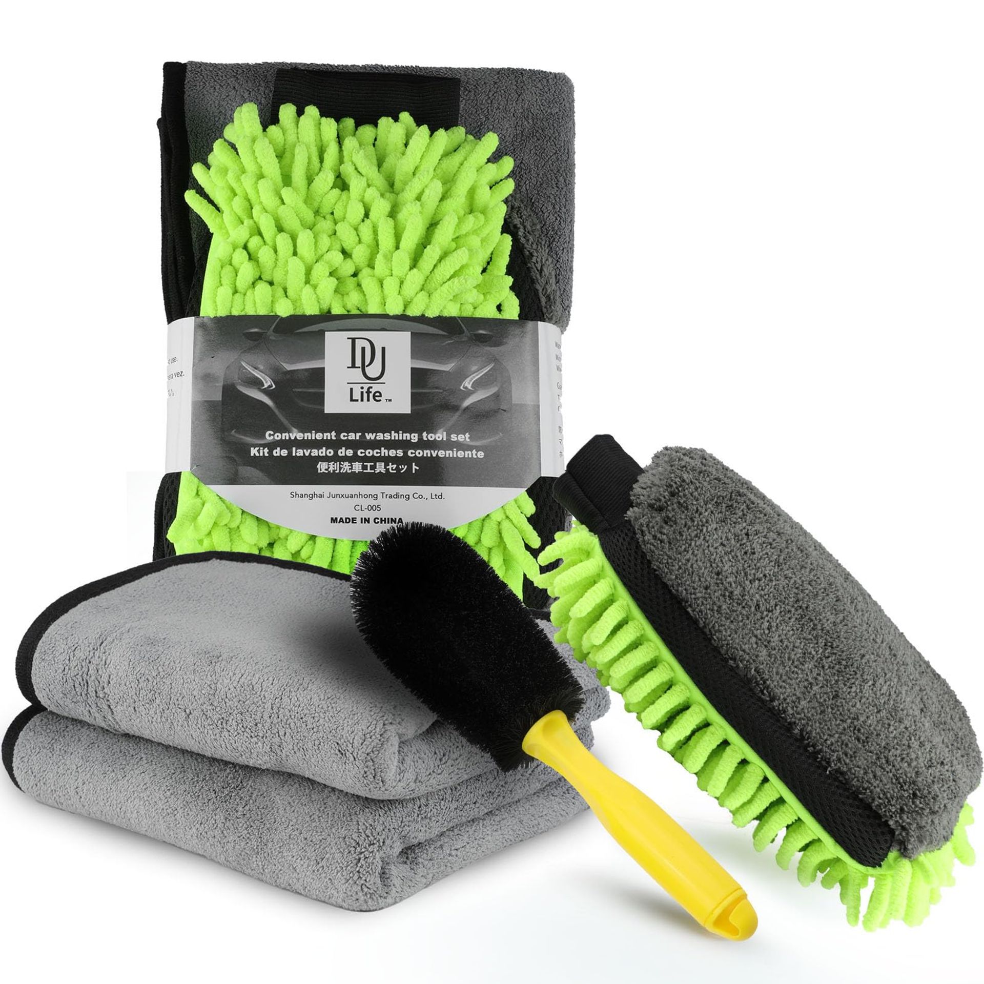 Car Cleaning Kit 10-Piece Microfibre Towels Mitt Wheel Brush & Storage Bag - Grey & Green Medium