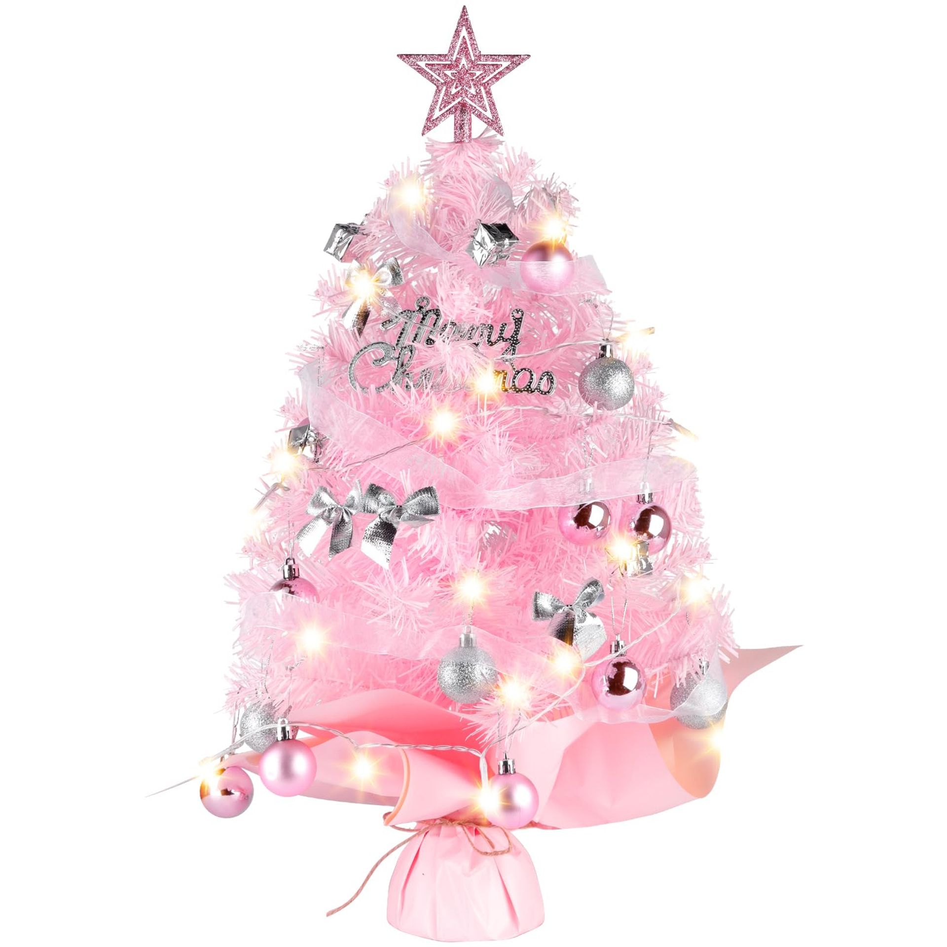 Mini Christmas Trees with Lights, Migaven 2ft/60cm Pink Tabletop Christmas Tree with Tree Topper Star Ornaments Led String Light for DIY Desktop Christmas Decorations