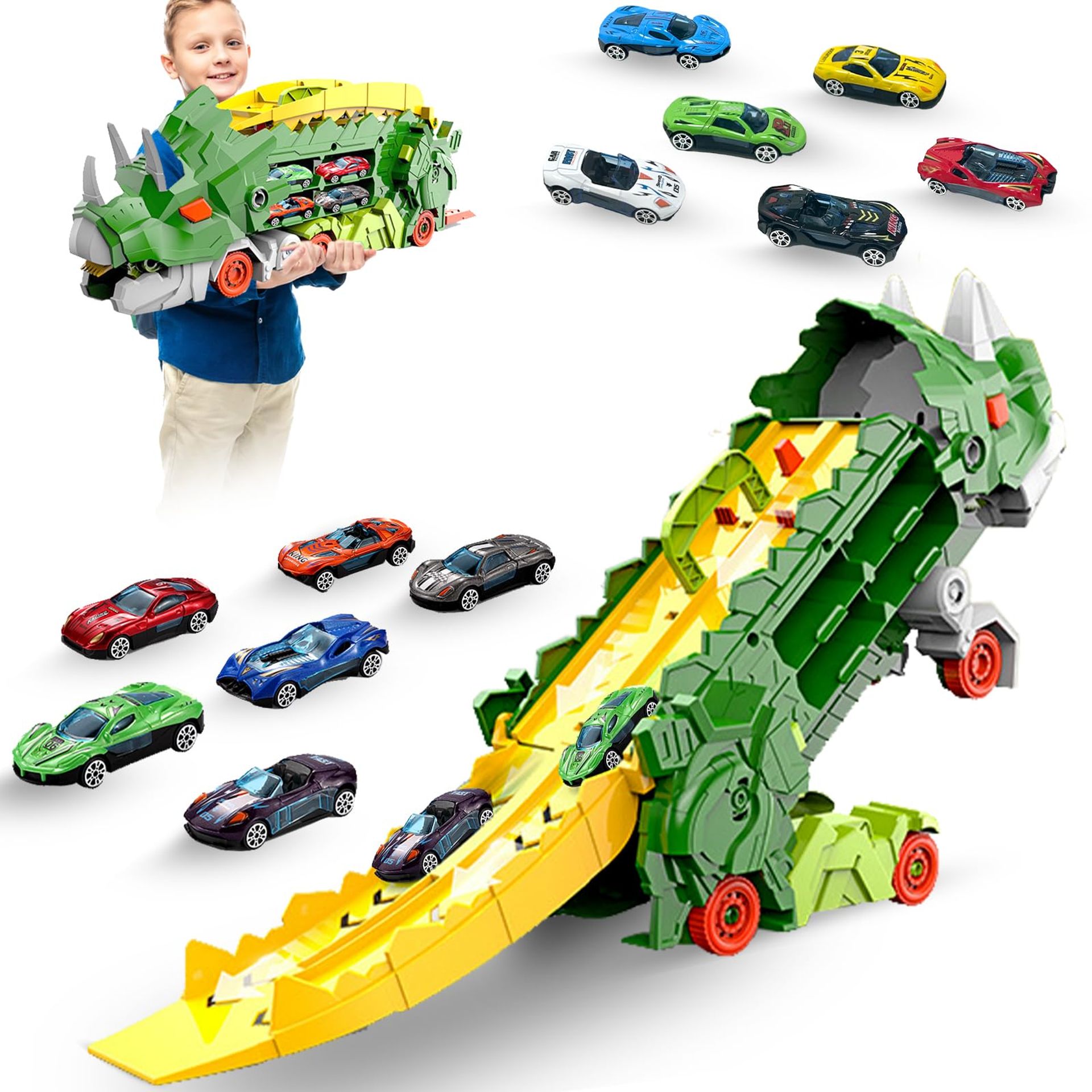 Dinosaur Transport Truck Playset with 12 Die-Cast Cars & Foldable Slide for Kids Age 3+