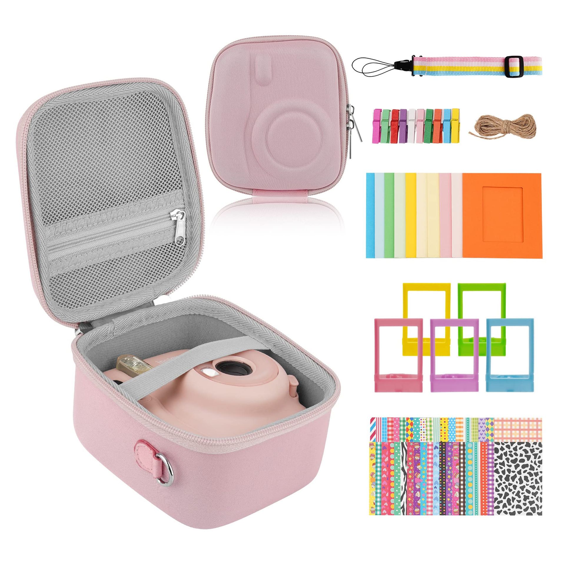 Instant Camera Accessories Bundle with Case, Stickers, Frames & Strap Compatible with Instax Mini 12/11/9/8 - Pink