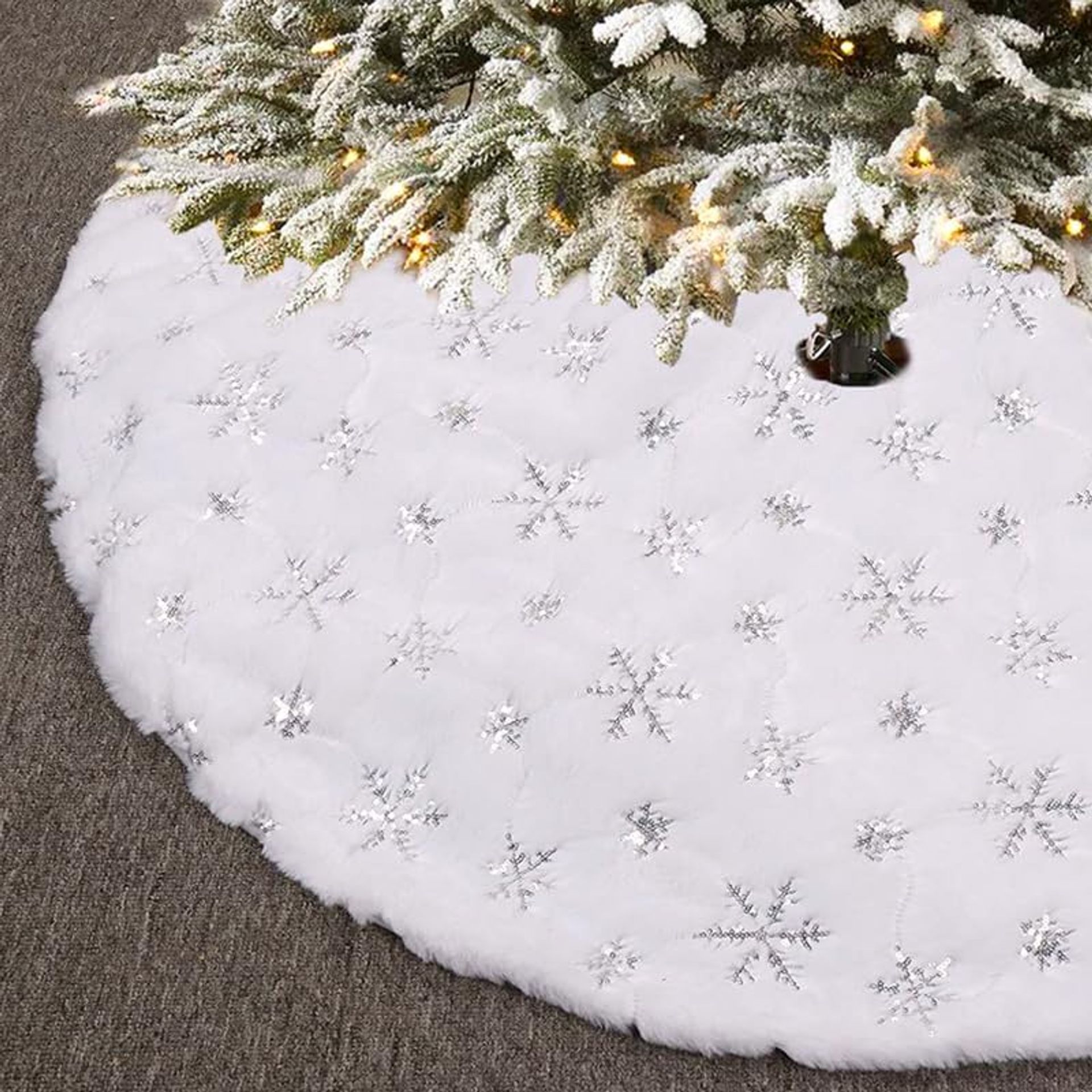 Festive White Plush & Sequin Snowflake Christmas Tree Skirt, 78cm, Silver