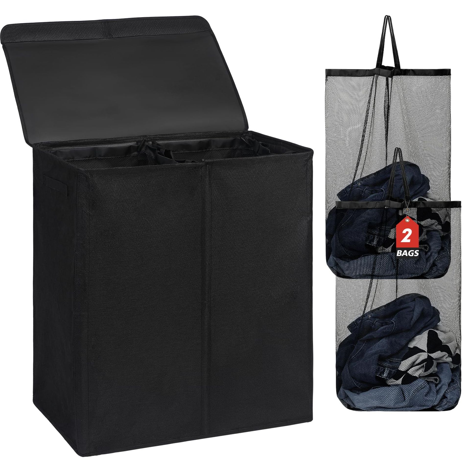 150L Double Laundry Basket with Lid & Removable Bags, Large Collapsible 2 Section Hamper for Bedroom, Bathroom & Laundry Room