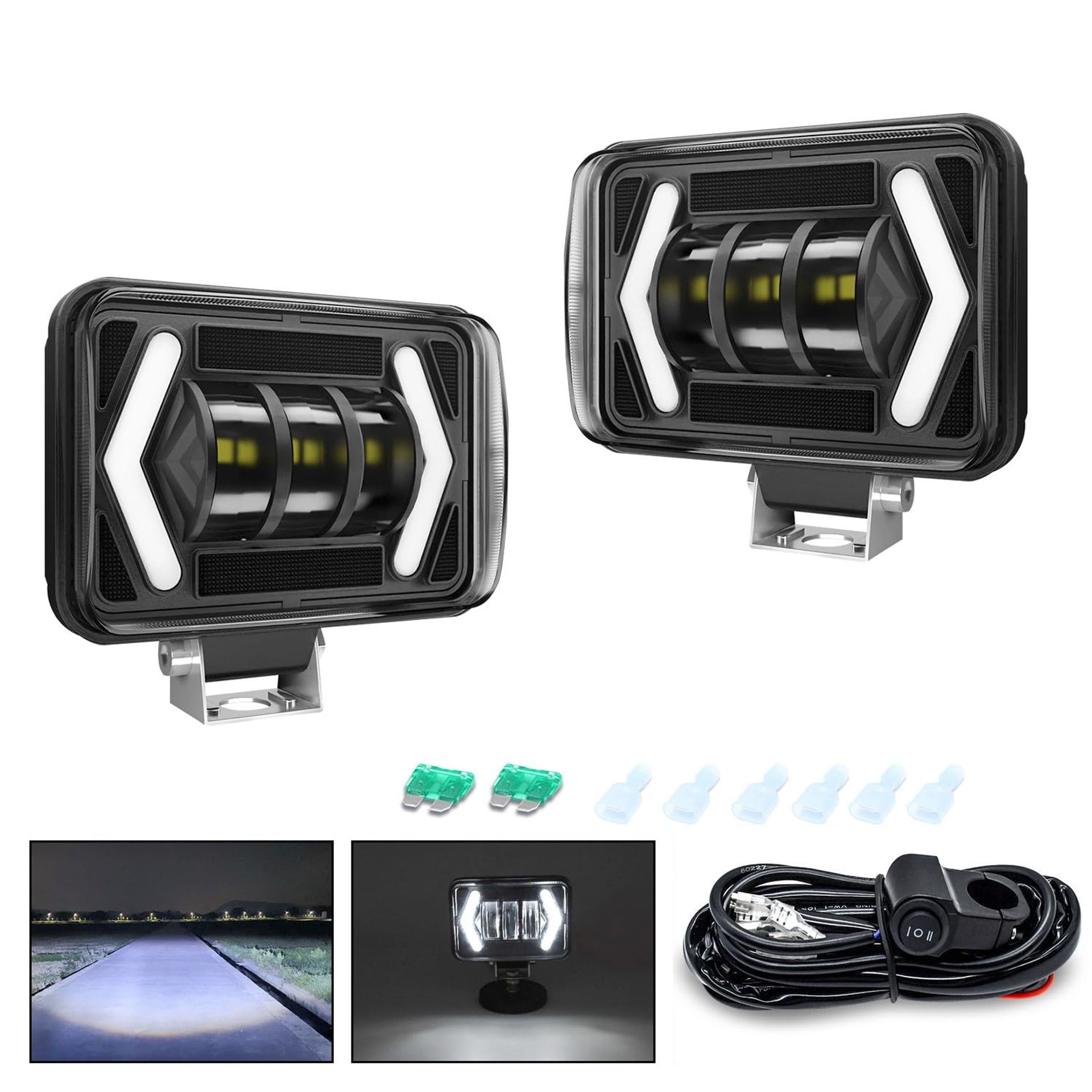 Motorcycle LED Front Lights 2 Pieces 80W 8000LM Waterproof IP68 with Switch and Harnesses for Motorbikes, ATVs, SUVs - Black Pair