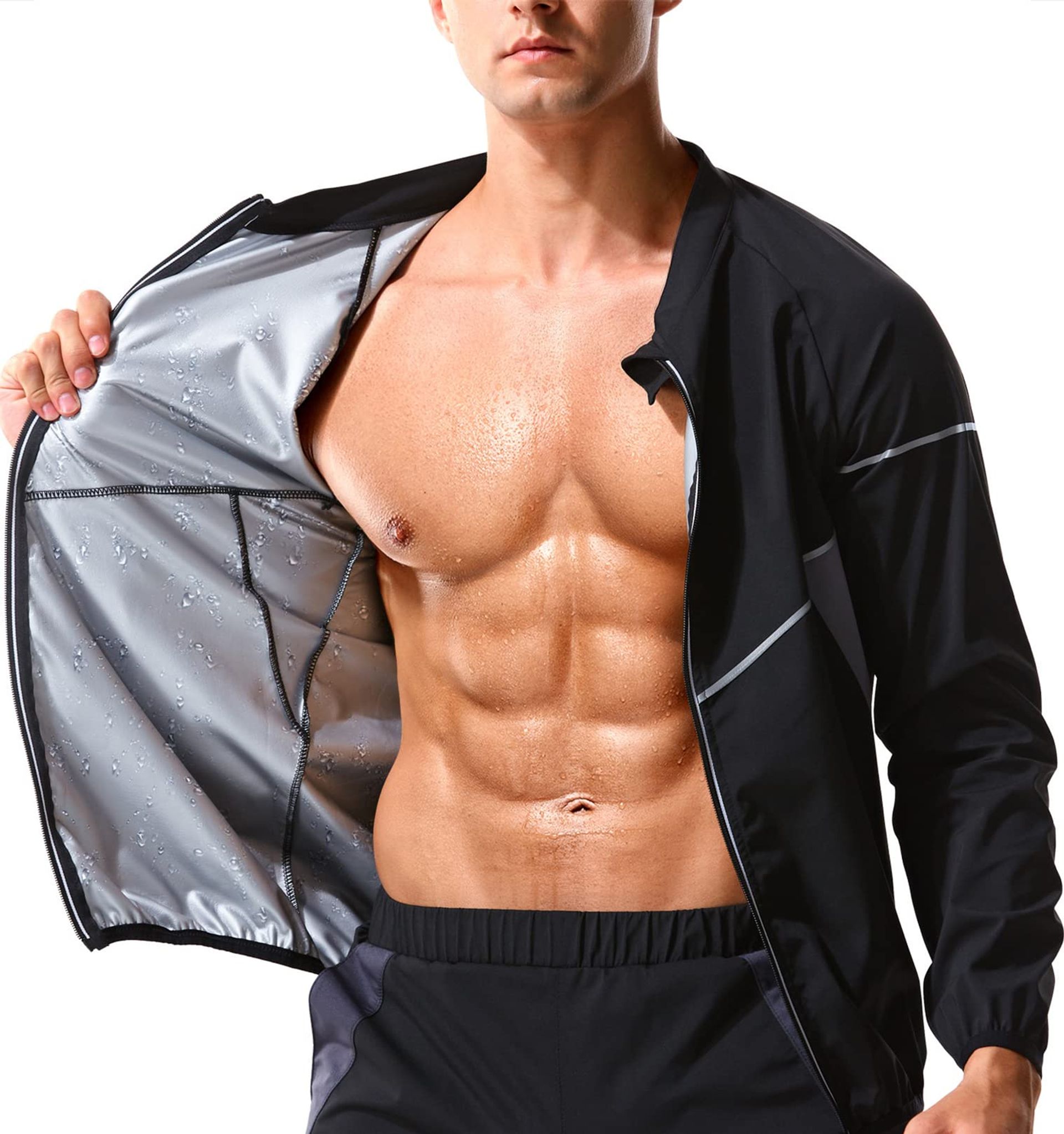 Men's Sauna Sweat Jacket Heat-Trapping Long Sleeve Zip-Up Workout Top - Black XXL