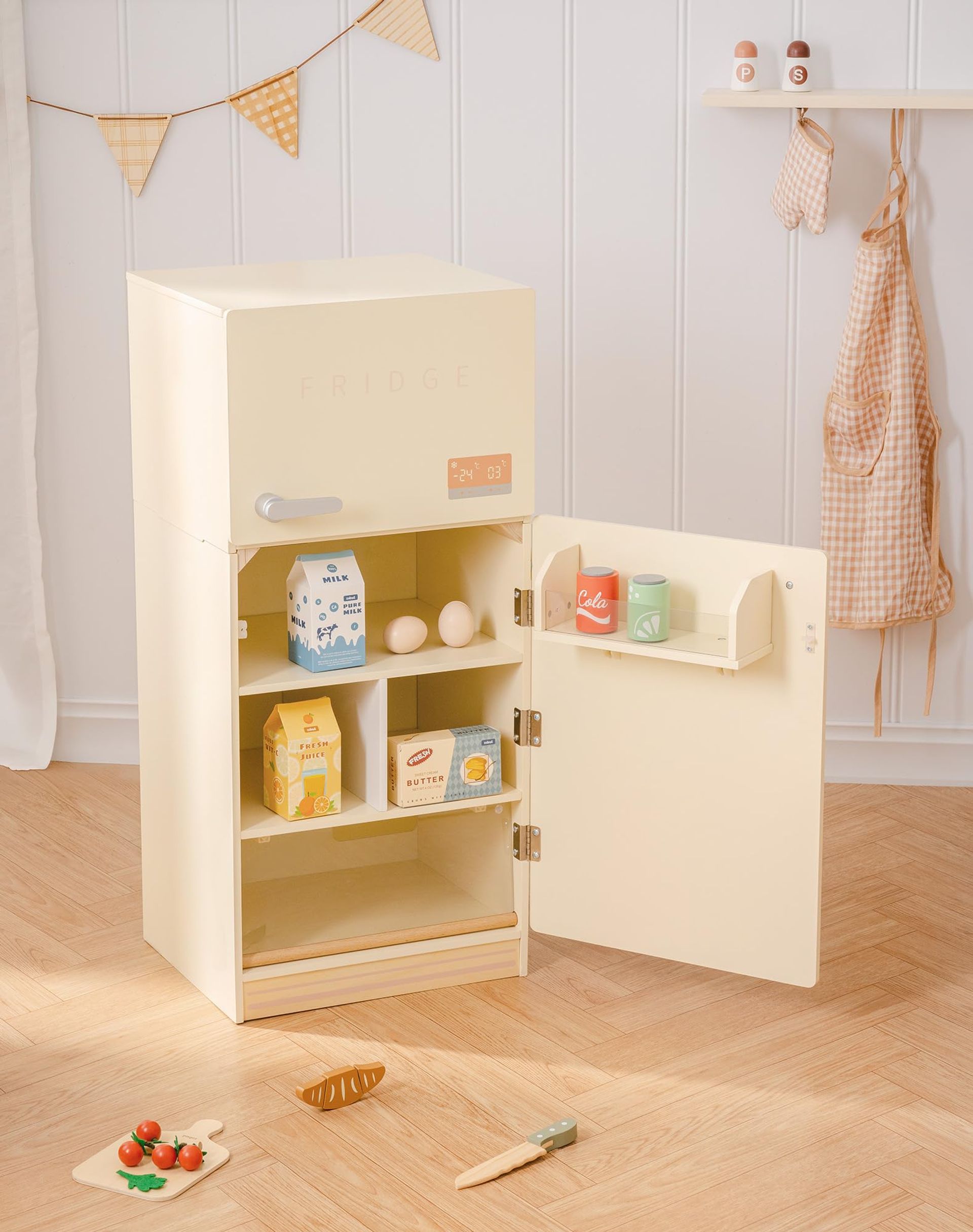 Wooden Play Fridge for Kids Realistic Pretend Kitchen Toy with Play Food and Educational Role Play Features - Creamy Rustic