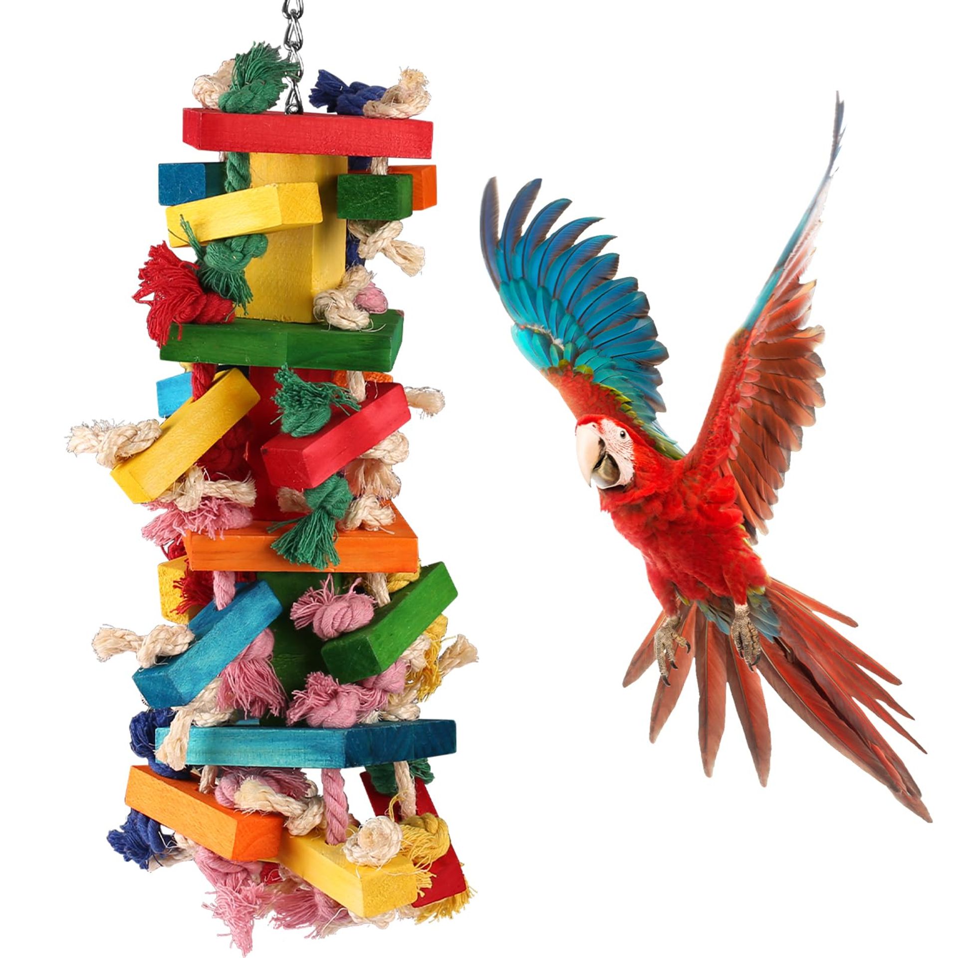 Large Parrot Chewing Toy 20in Natural Wooden Block for Climbing and Preening - Multicolour Unscented