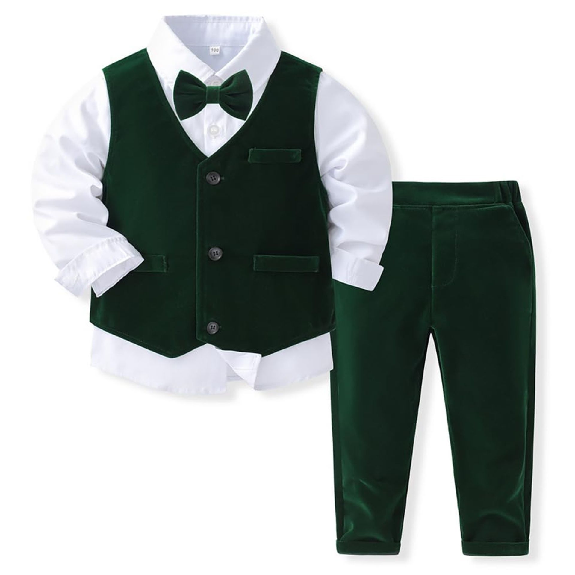 Boys 3 Piece Formal Suit Set Shirt with Bow Tie Waistcoat & Trousers - Dark Green 3-4 Years