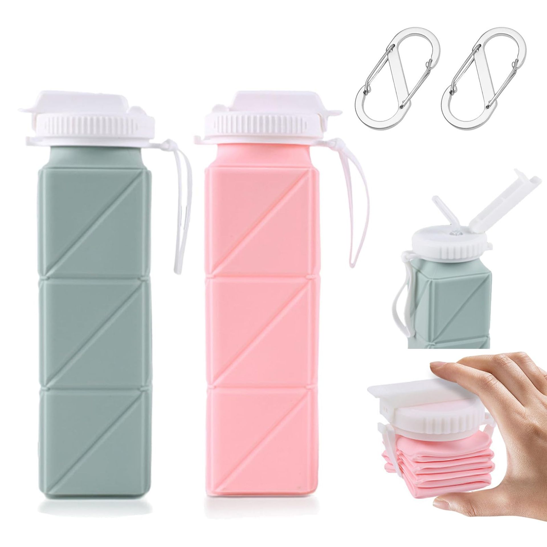 2Pcs Folding Silicone Water Bottle 620mL - Portable & Leak-Proof for Travel & Sports