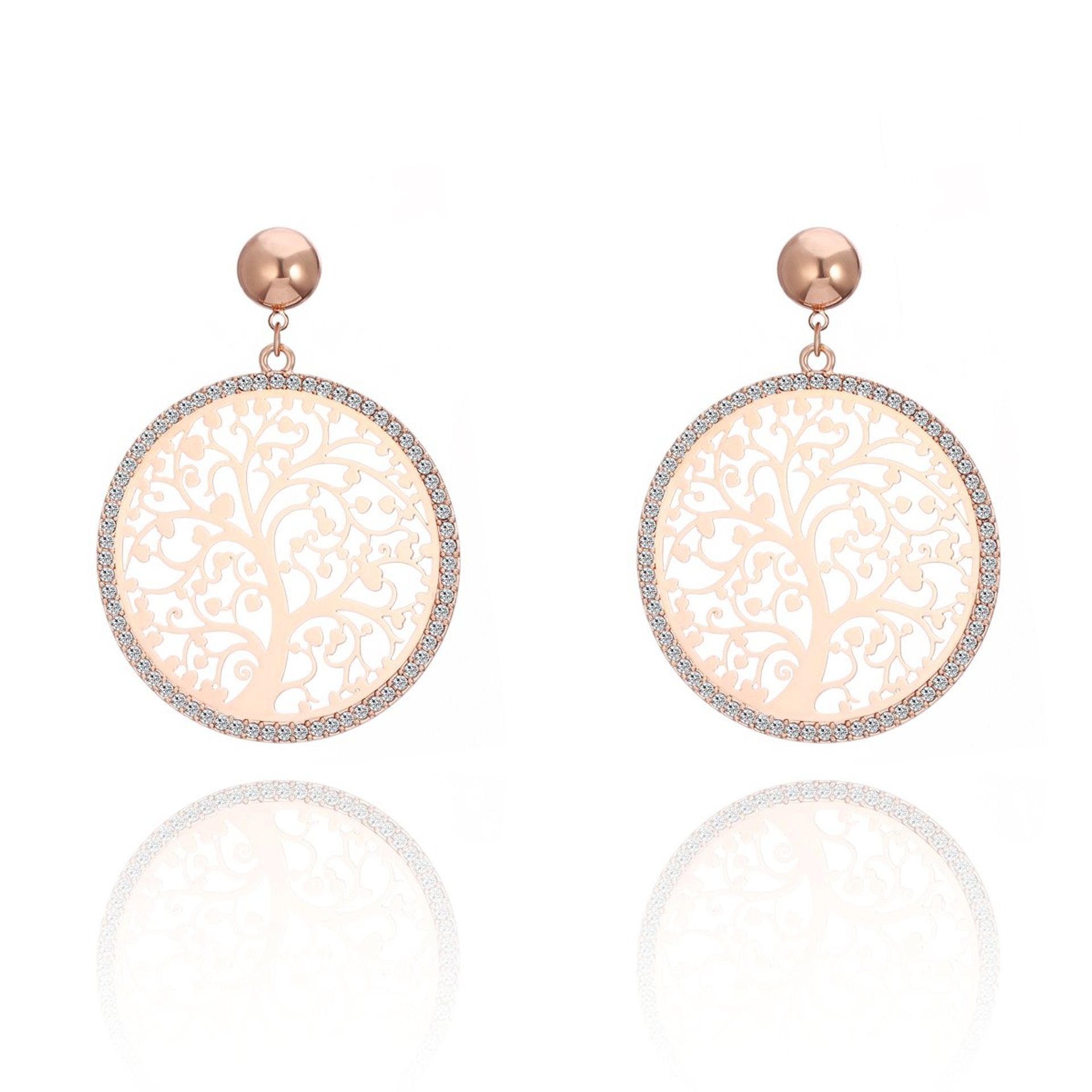 Women's Celtic Tree of Life Drop Stud Earrings Stainless Steel Crystal Detail - Rose Gold Style