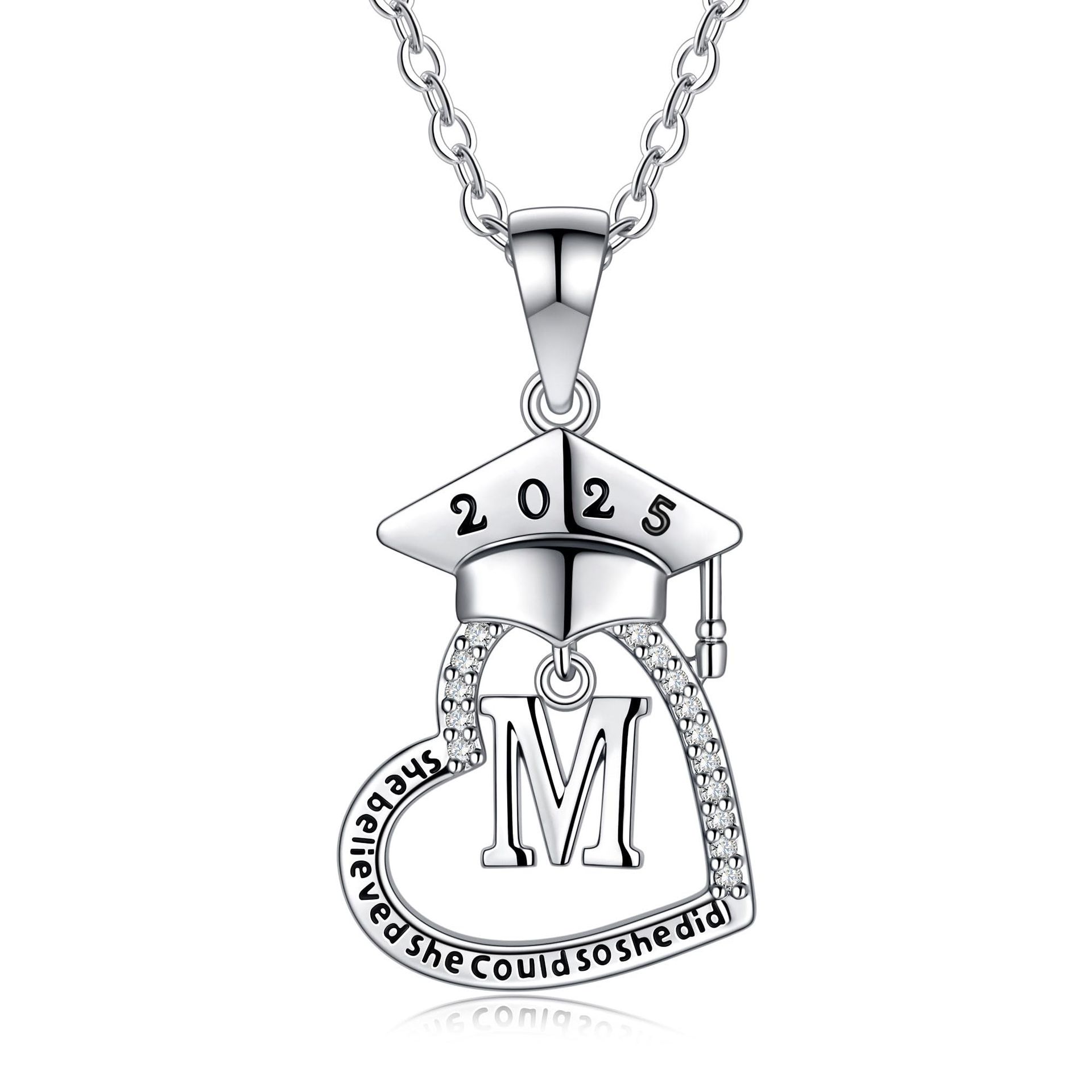 Graduation Necklace 2025 for Women & Girls - Silver Initial M Pendant, Adjustable Chain Jewellery Gift for Her