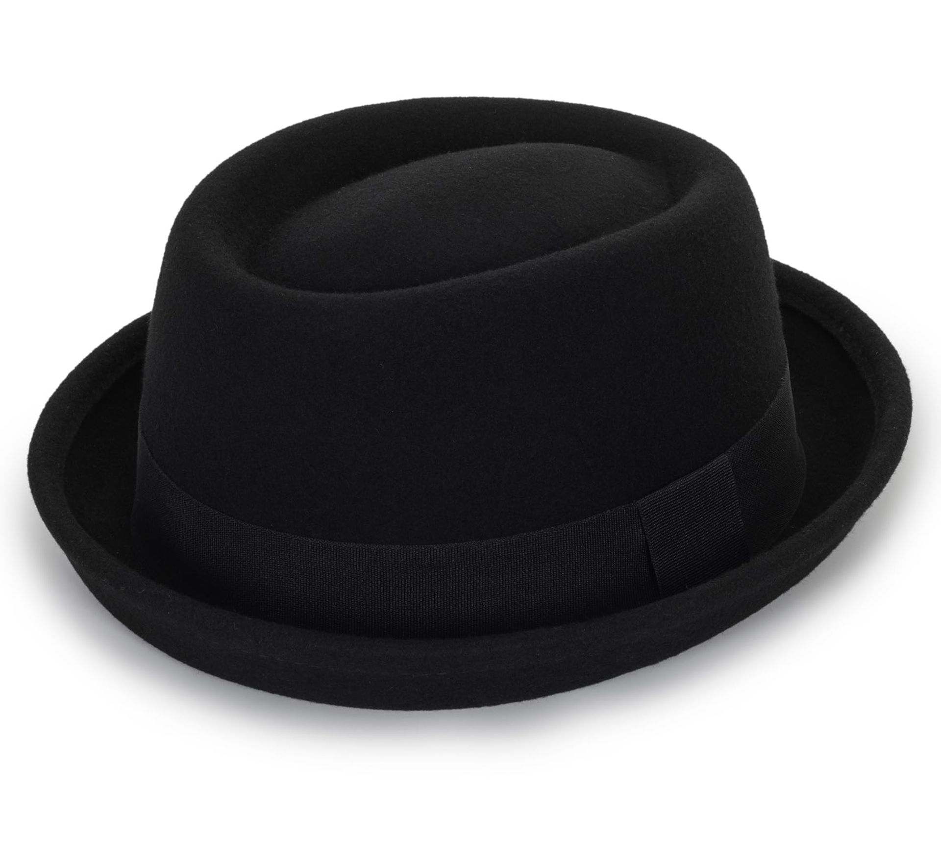 Men's Porkpie Hat Flat Top Design Classic Wool Fedora with Band - Black M
