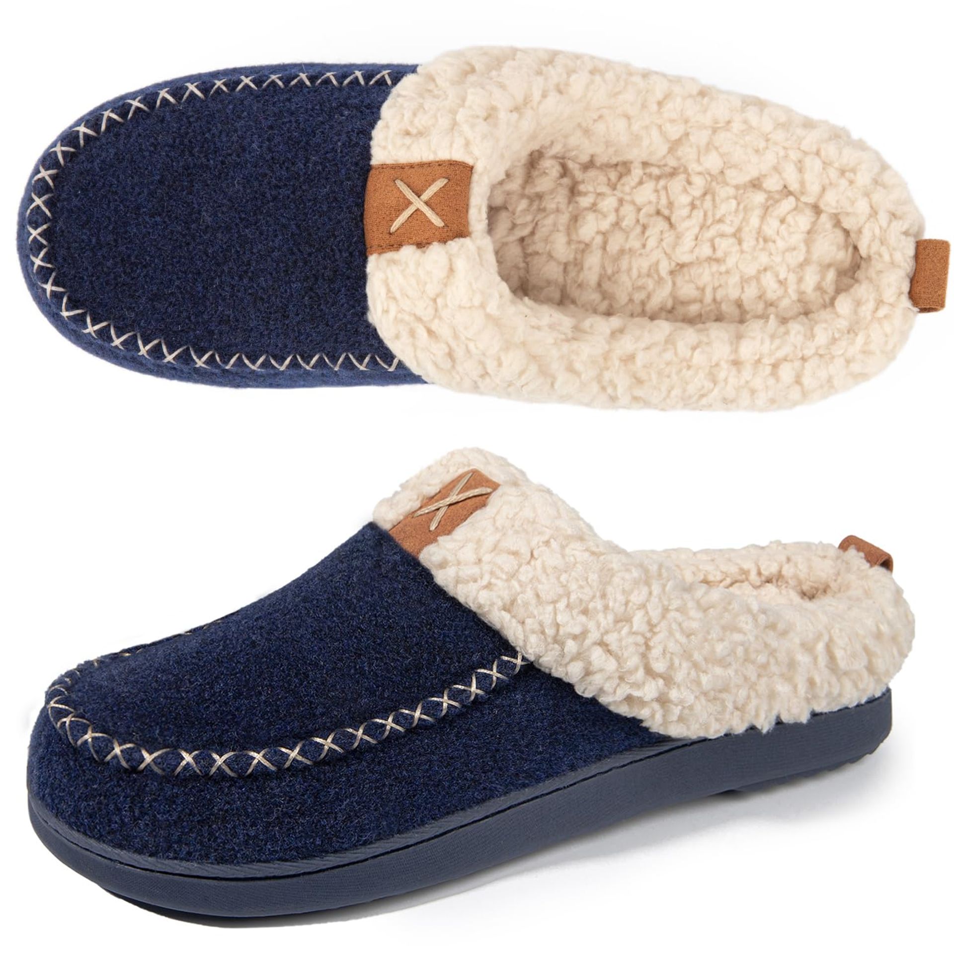 LongBay Women's Faux Wool Slippers, Sherpa Memory Foam Fluffy Moccasin with Soft Plush Fleece Lining Slip-On for Indoor Outdoor Use (3-4 UK, Ney Blue)