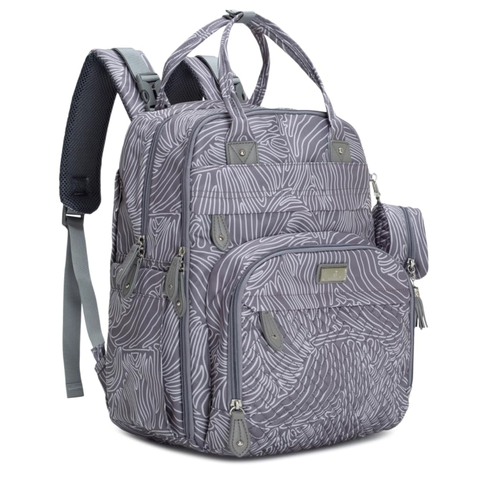 Baby Changing Bag Backpack with Changing Mat & Pacifier Holder Nappy Diaper Bag for Mum and Dad - Grey Swirls 42x21x31cm