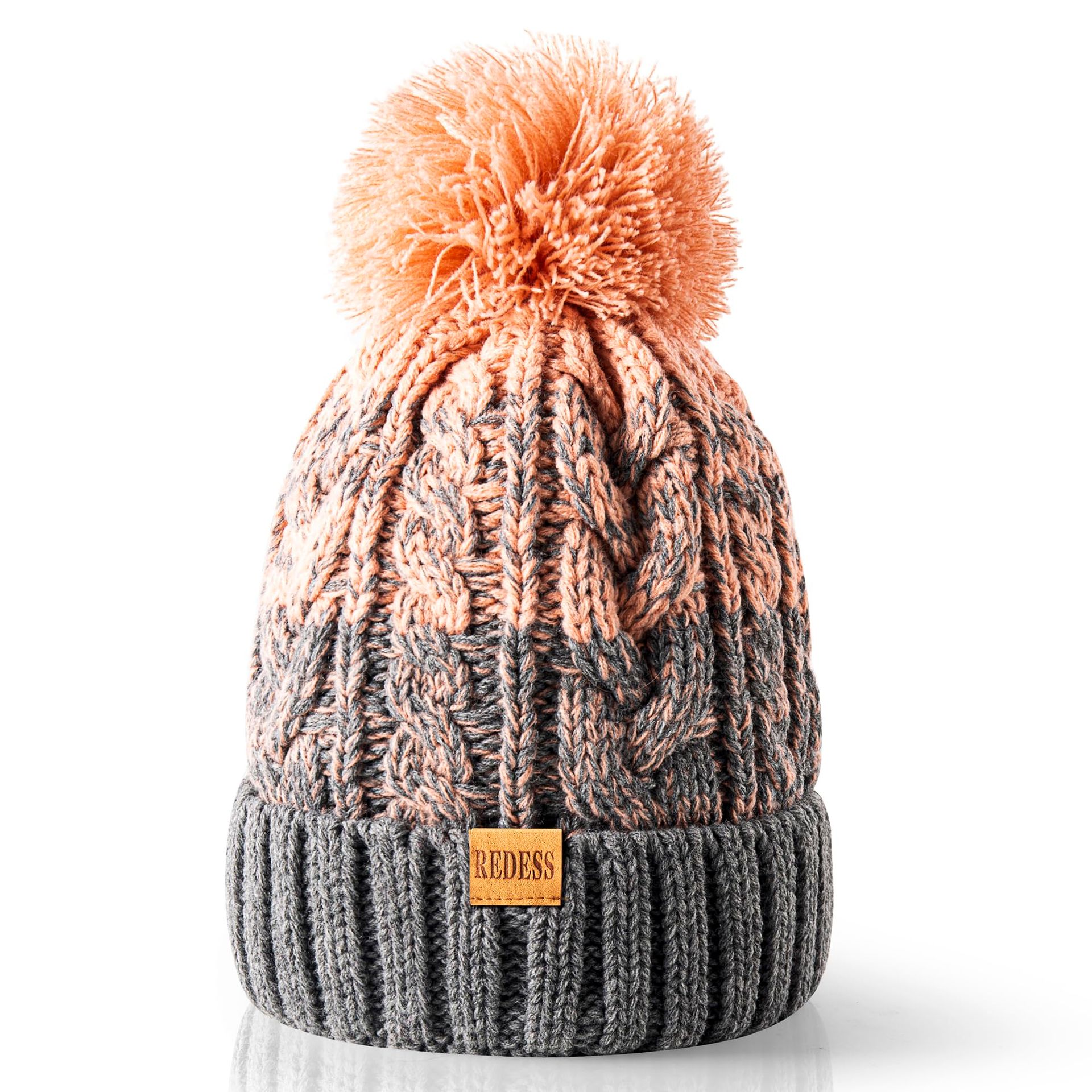 Women's Winter Knit Beanie Hat Warm Fleece Lined with Pompom - Black One Size