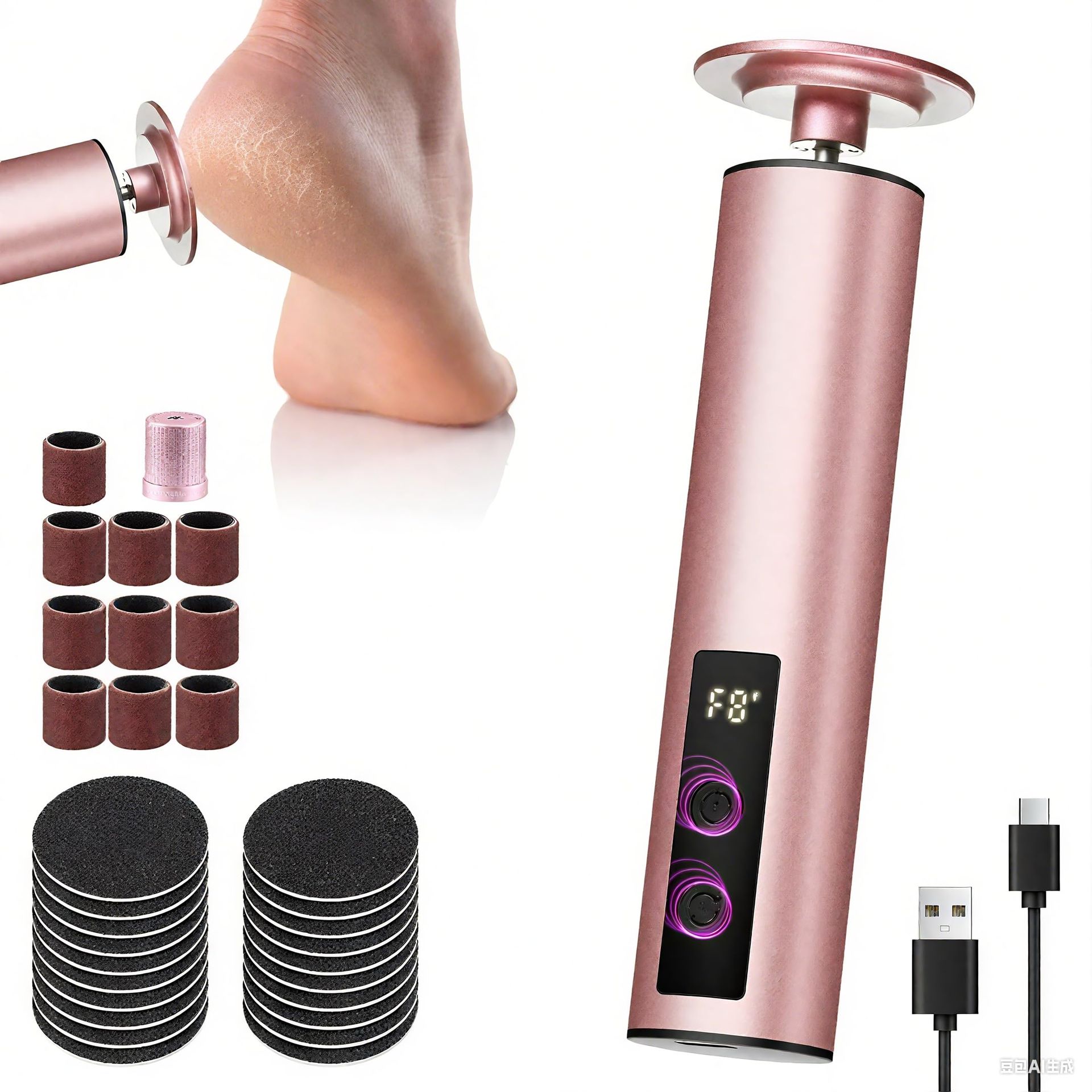 Electric Foot File Callus Remover Adjustable Speed Pedicure Tool with 60 Sandpaper Discs - Pink 1 Count