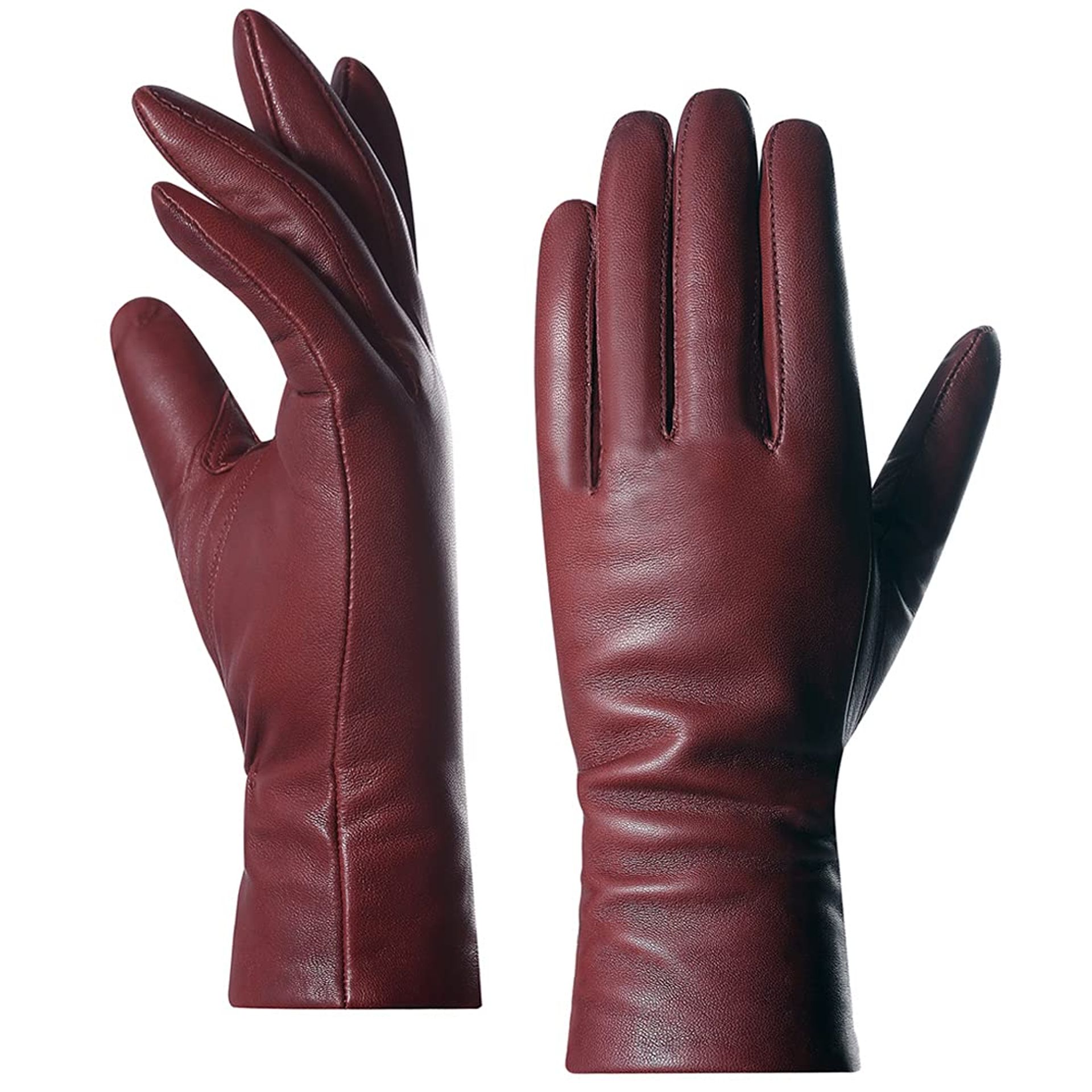 Women's Winter Gloves Genuine Lambskin Leather with Cashmere Lining Driving Style - Burgundy XS