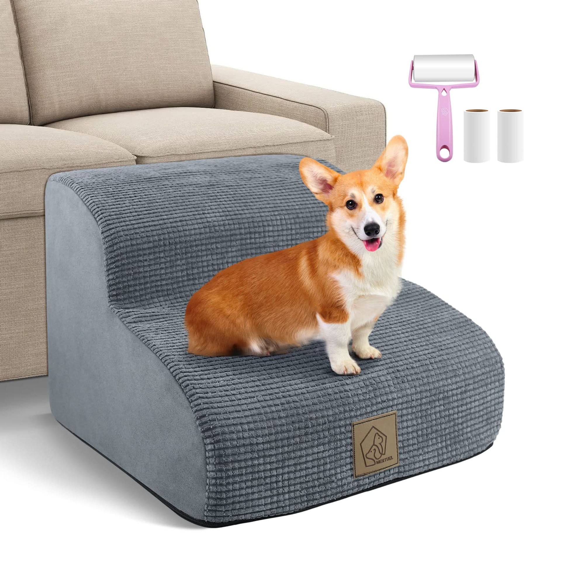 2-Step Dog Stairs Non-Slip Foam Pet Ramp for Sofa and Bed with Removable Washable Plush Cover and Lint Roller Set - Black 2 Steps