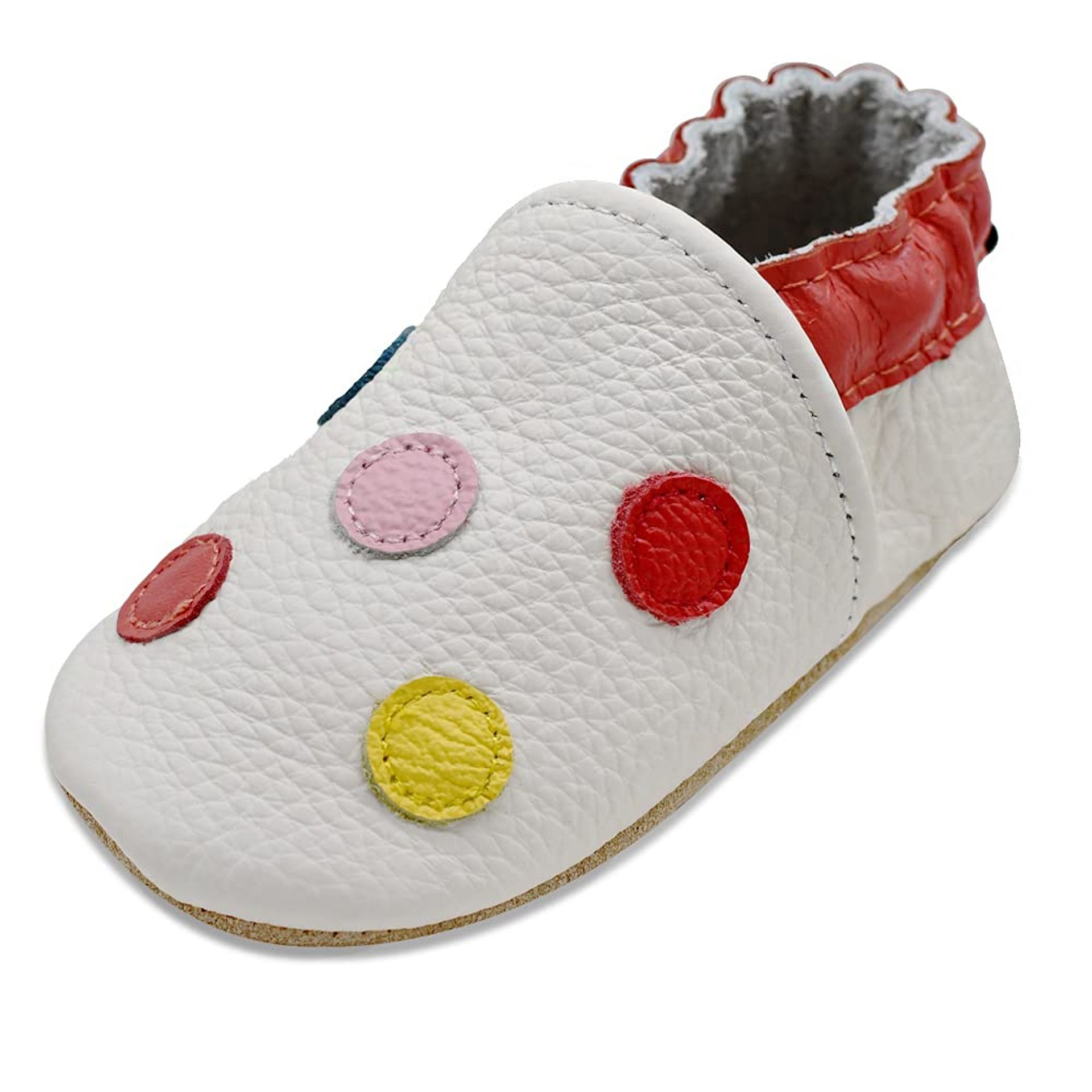 Baby Leather Moccasins Soft Non-Slip First Walker Crib Shoes Comfortable Fit - White Dots 6-12 Months