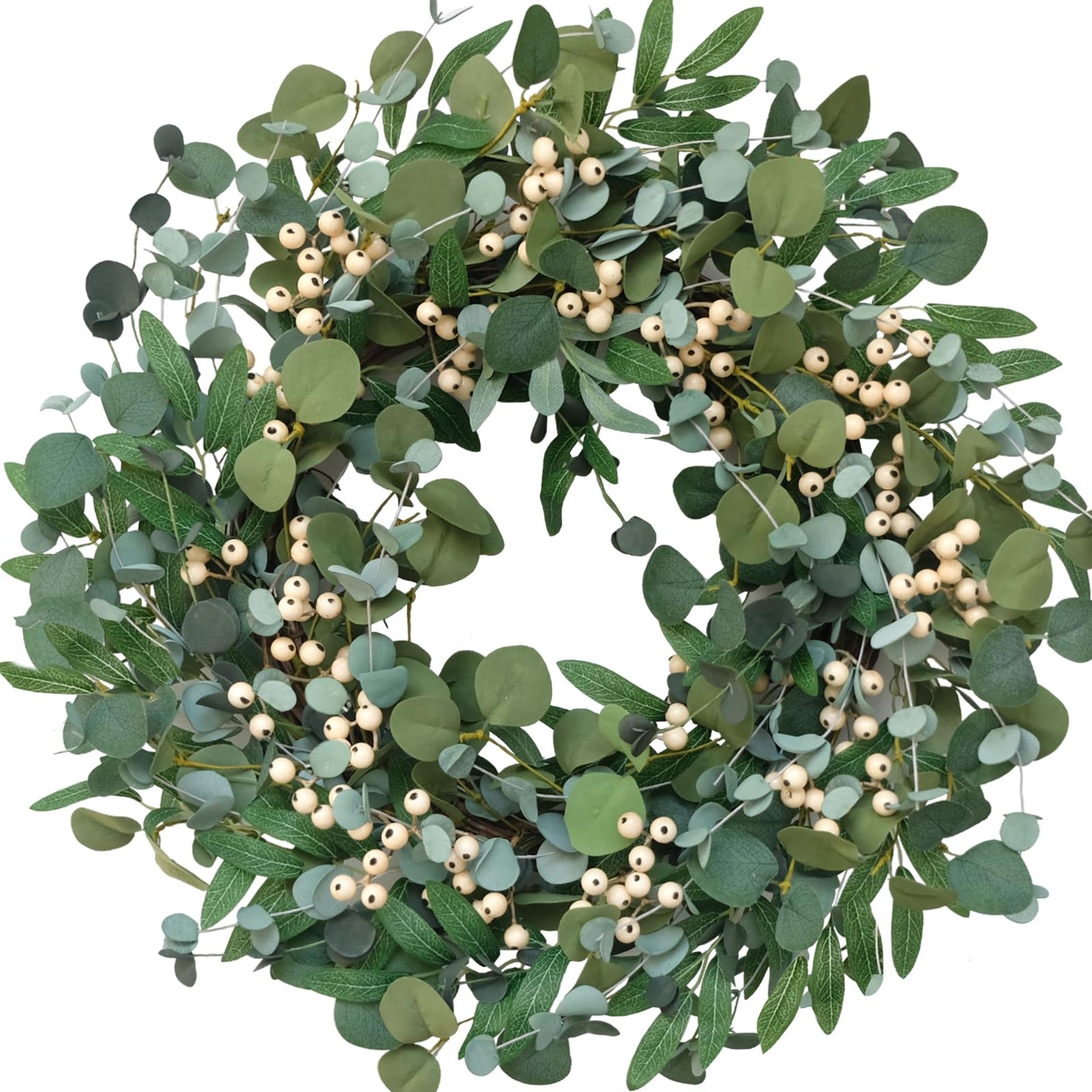 22-inch Artificial Eucalyptus Wreath with White Berries – Summer Green Door & Home Décor