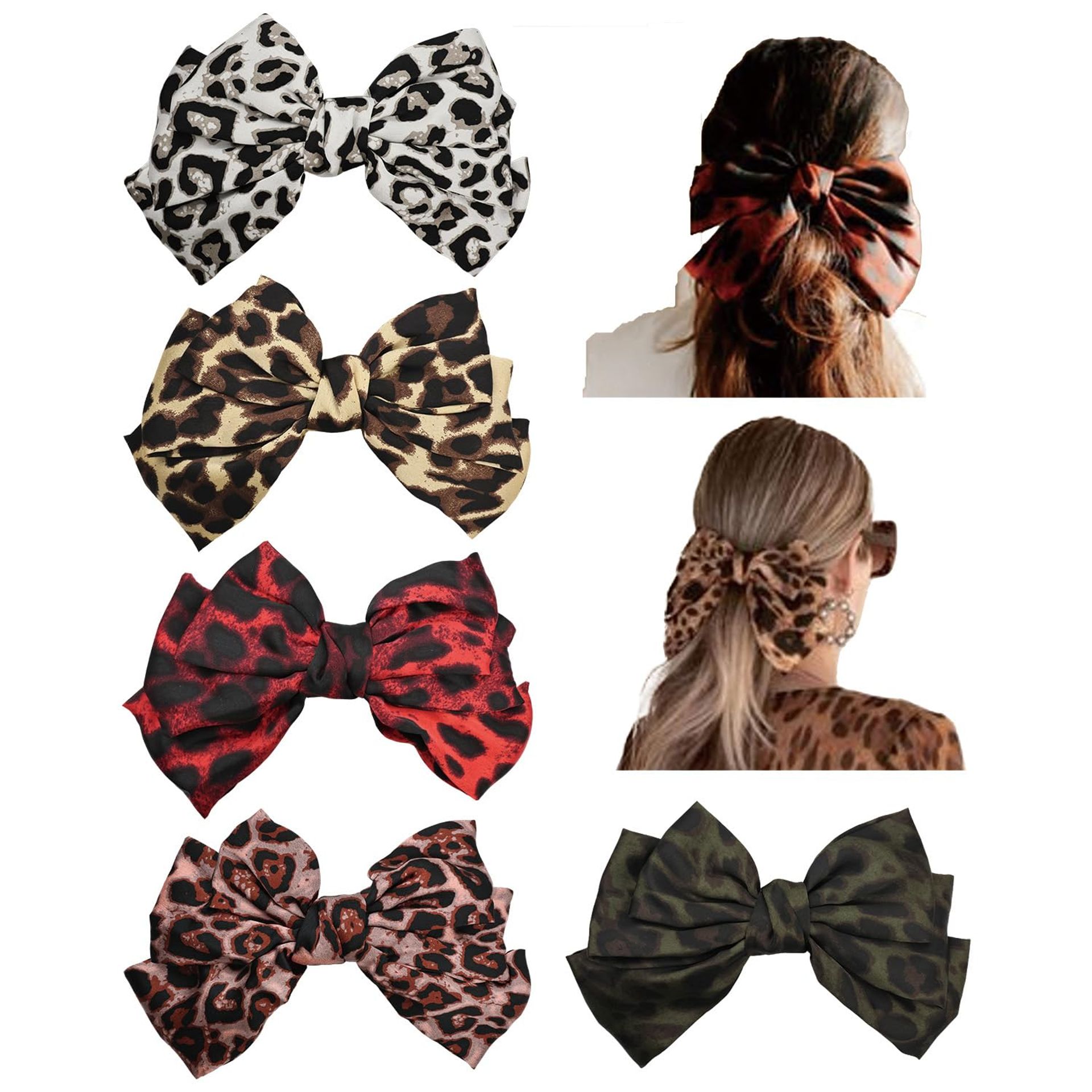 Stylish Leopard Print Hair Bow Clips for Women - 5 Pack Cheetah Chiffon Barrettes