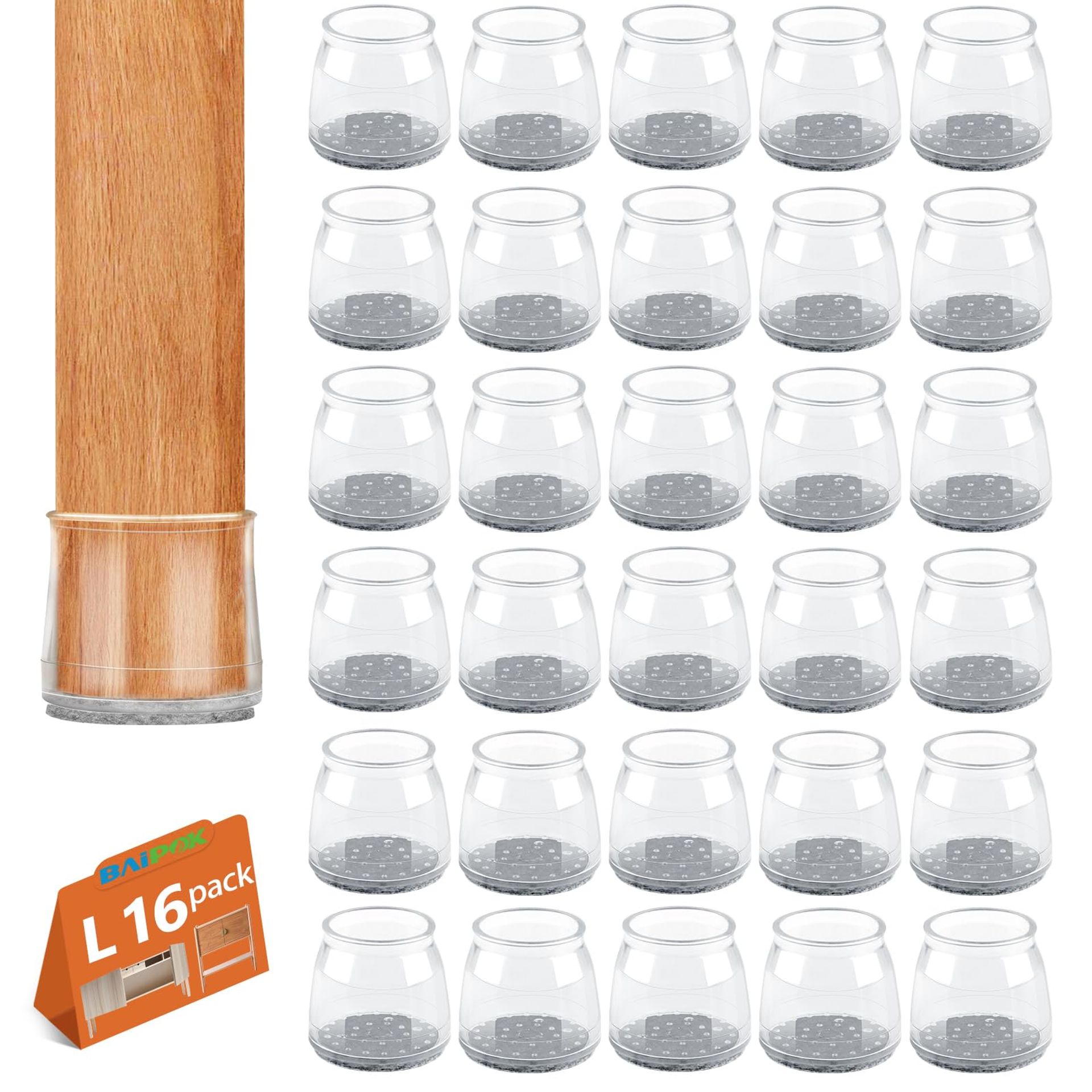 16Pcs Chair Leg Protectors Silicone Furniture Feet Covers with Felt Pads for Hardwood Floors Rectangle Design - Grey L(32-40mm)