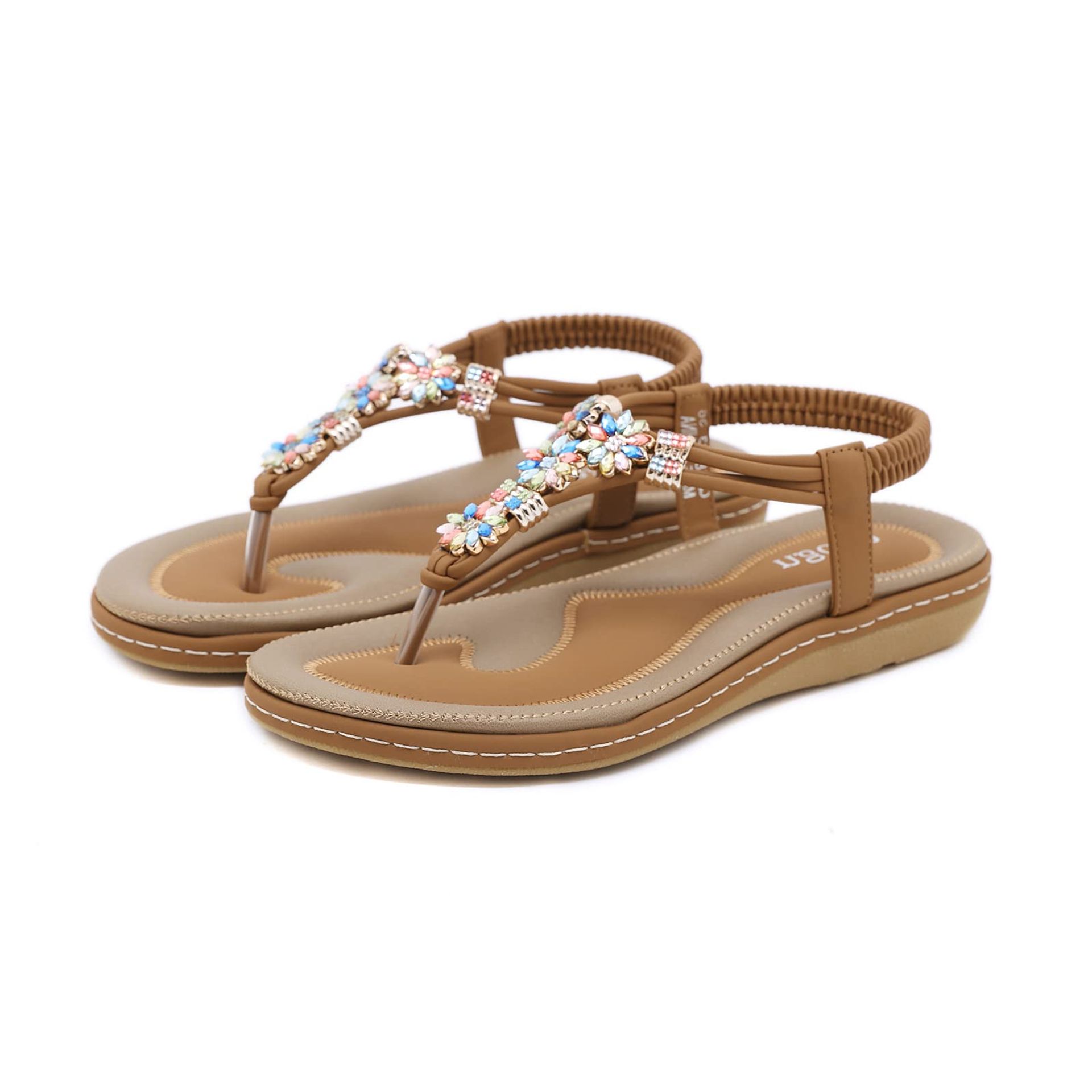 Women's Bohemian Flat Leather Toe Post Sandals Summer Slip-On Comfort Design - Brown UK 5.5