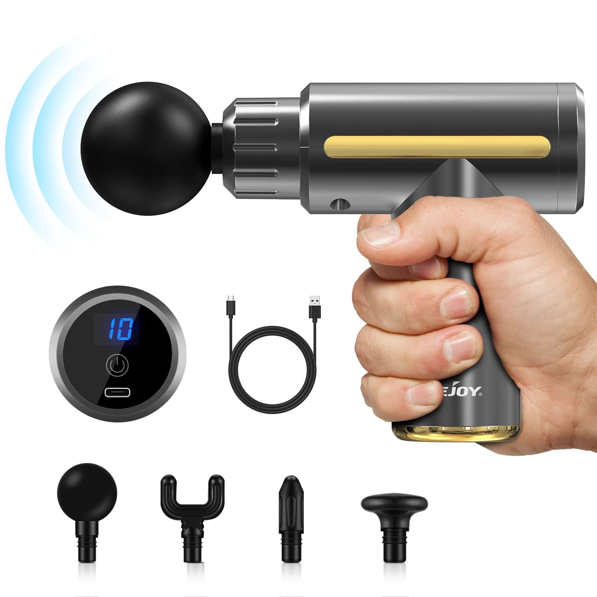 Massage Gun Deep Tissue 10-Speed USB Rechargeable Mini Percussion Massager for Muscle Relief - Grey JMQ-Q3