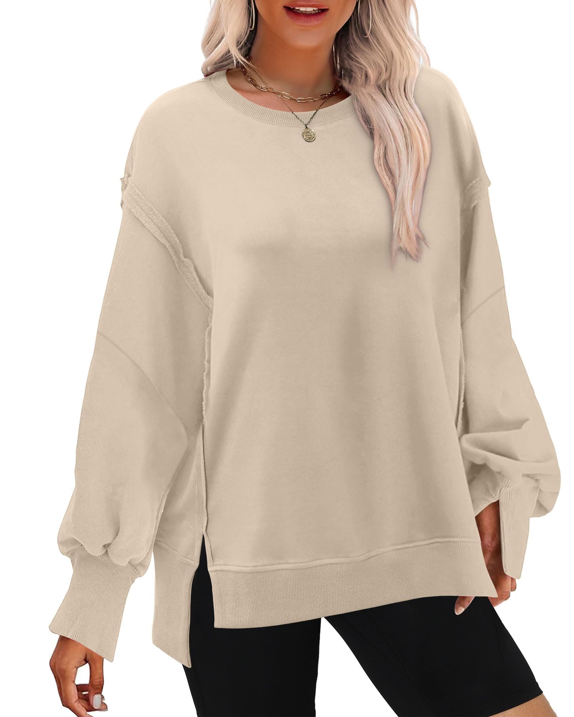 Ladies Oversized Beige Jumper with Long Sleeves & Side Split - Aokosor Size 22-24