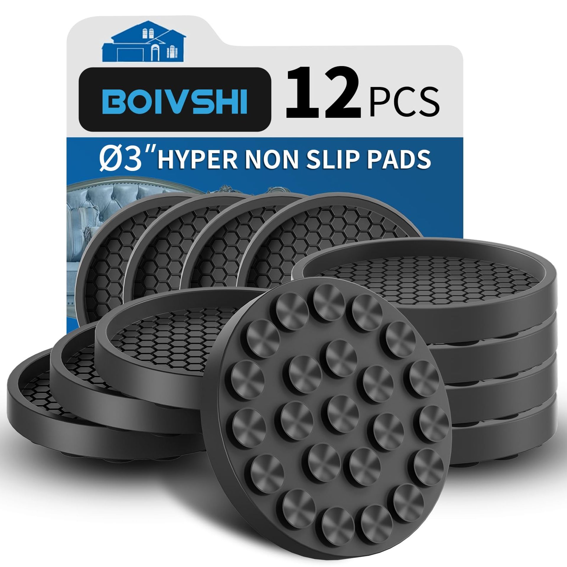 76mm Non-Slip Furniture Coasters for Sofa & Bed Wheels, Floor Protectors for Wooden Floors, 12 Pack Black