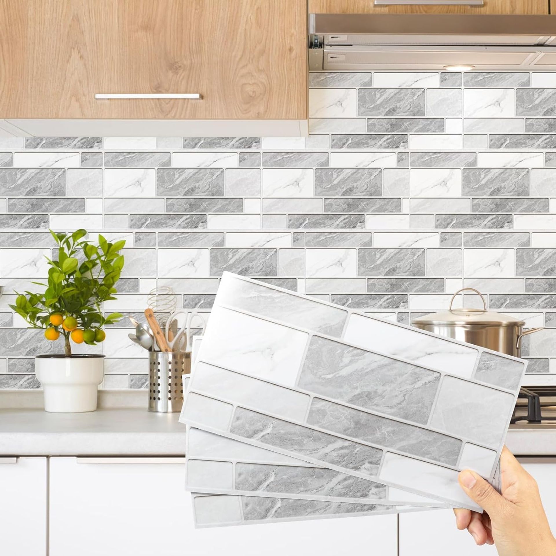 Peel and Stick Vinyl Brick Wall Tile Stickers Waterproof Home Décor Kitchen Bathroom Backsplash - Grey & White 15x30cm (24Pcs)