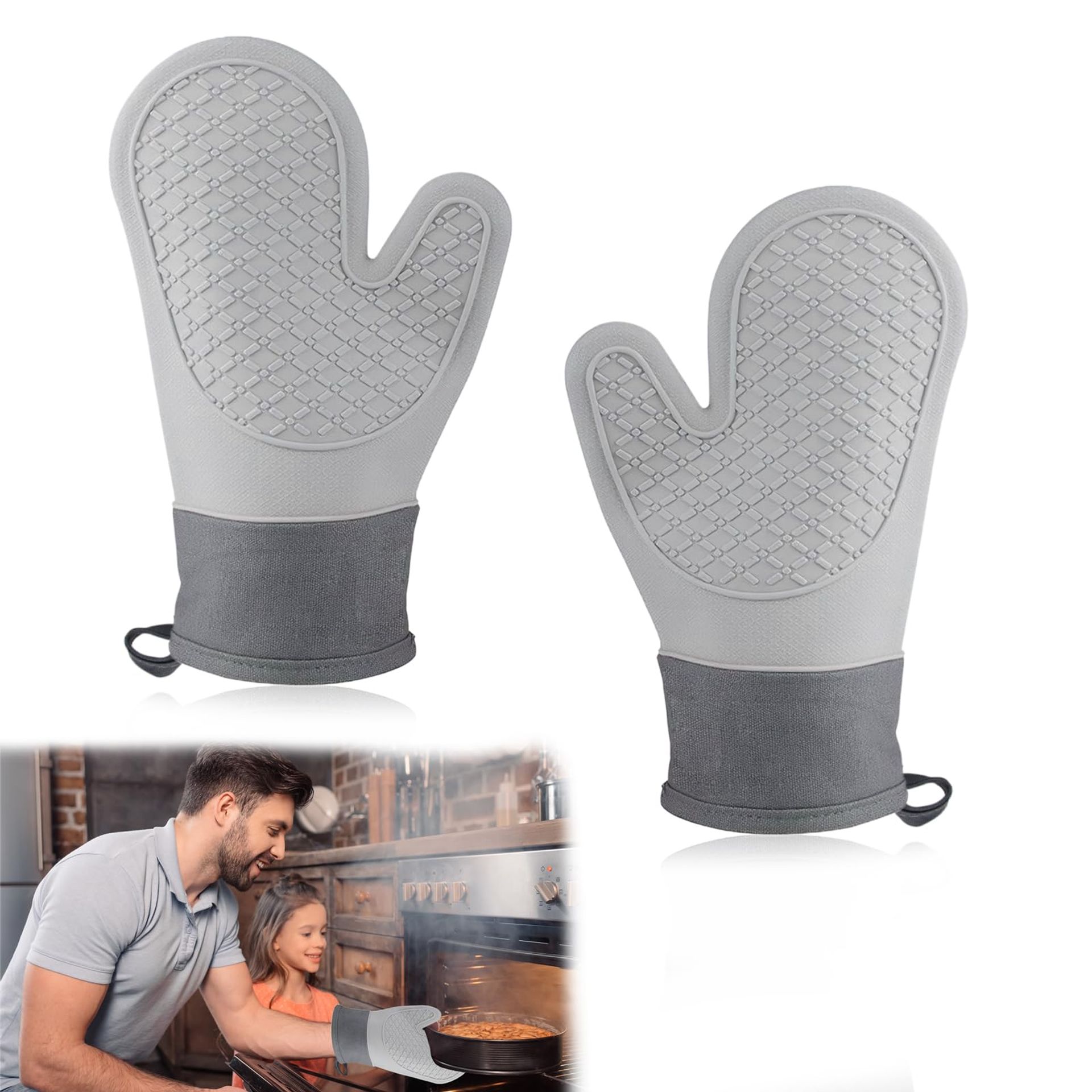 Grey Silicone Oven Gloves, 2pcs Heat Resistant Mitts Waterproof for Baking & BBQ