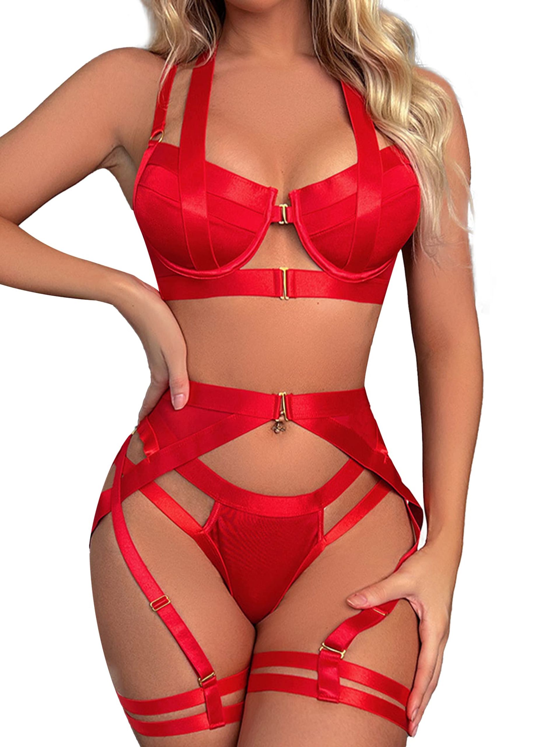 Women's 4 Piece Lingerie Set with Strappy Bra, Panties, Garter Belt and Thigh Cuffs - Red M