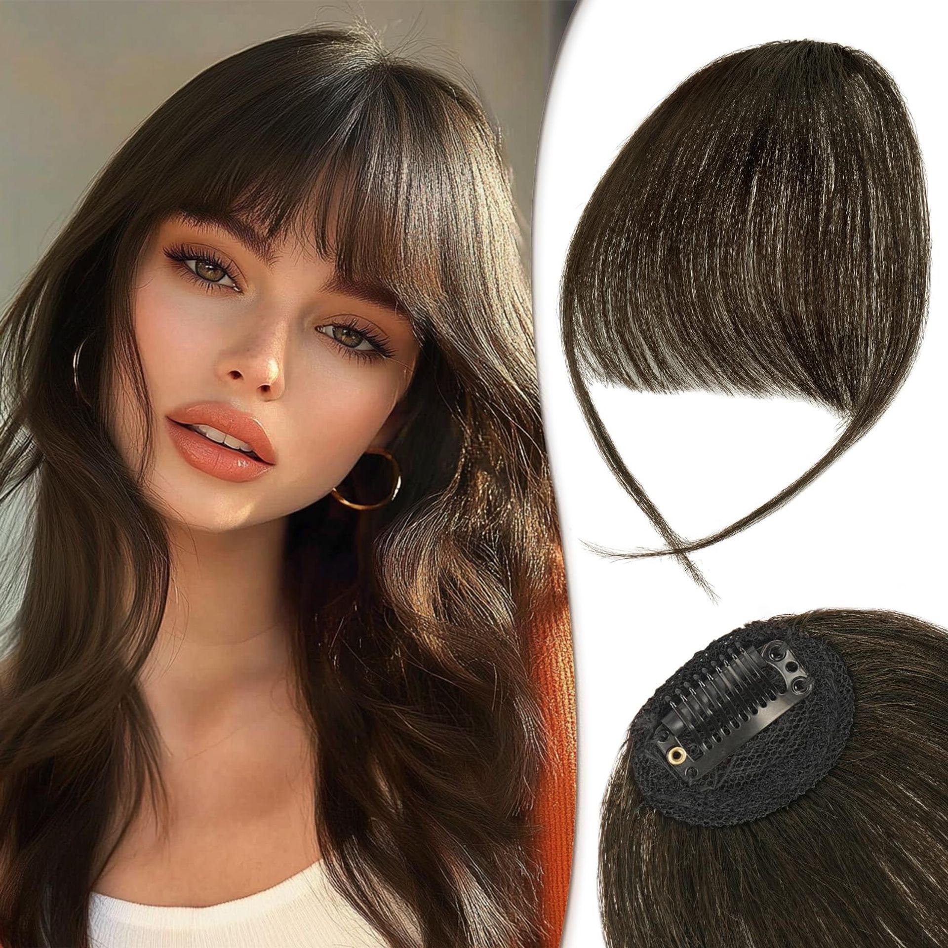 RUWISS Clip-in Fringe 100% Human Hair Wispy Bangs Extensions with Temples - Brown Black - Valentines - Valentines