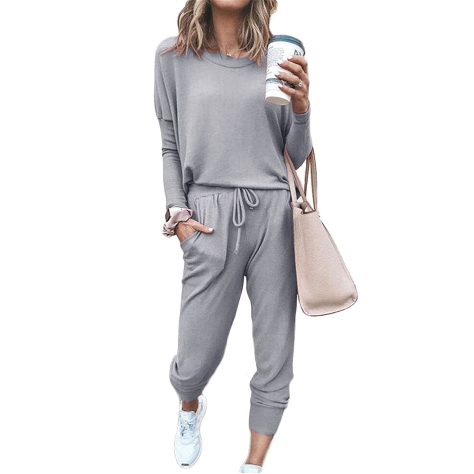 Women's Loungewear Pyjama Set 2 Piece Long Sleeve Top & Sweat Pants Casual Jogger Tracksuit - Light Grey XL - Valentines