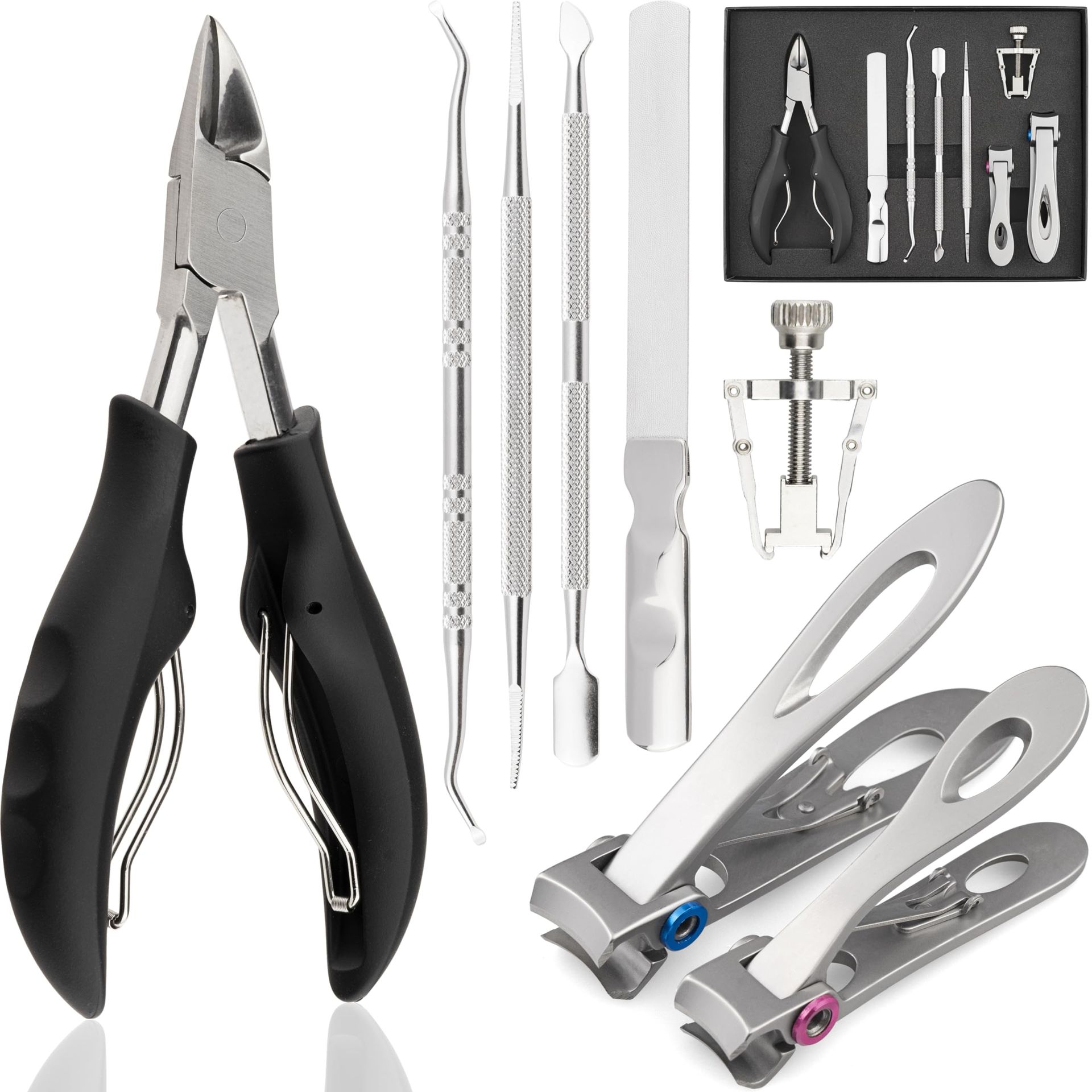 7-Piece Manicure and Pedicure Set with Professional Nail Clippers, Nippers, File and Cuticle Tools for Thick and Ingrown Nails - Silver Normal - Valentines