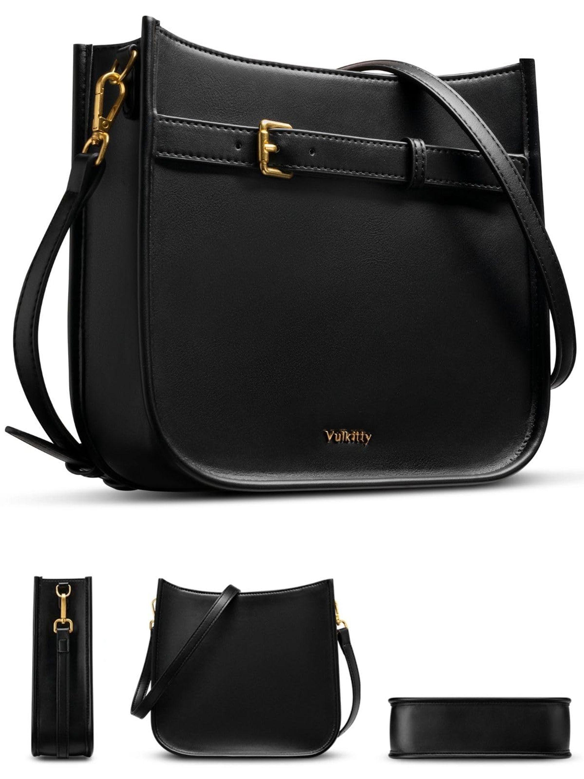 Women's Small Crossbody Shoulder Bag Vegan PU Leather with Adjustable Strap - Black Medium KB103