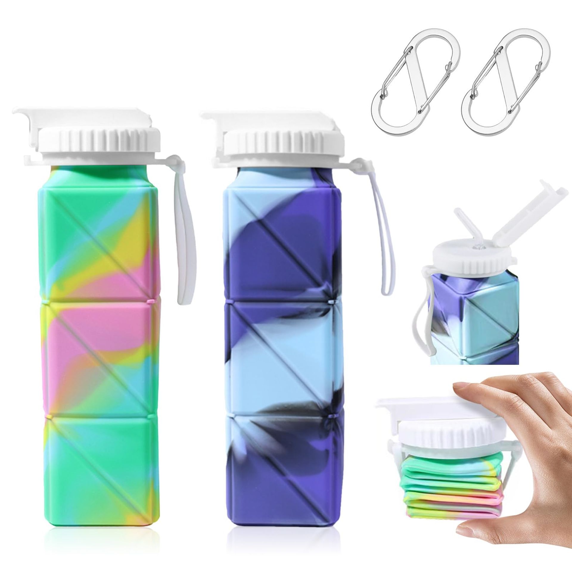 KunpengZen Collapsible Silicone Water Bottles, 2 Pack, Pink & Green, 620ml, Leak-Proof with Carabiner