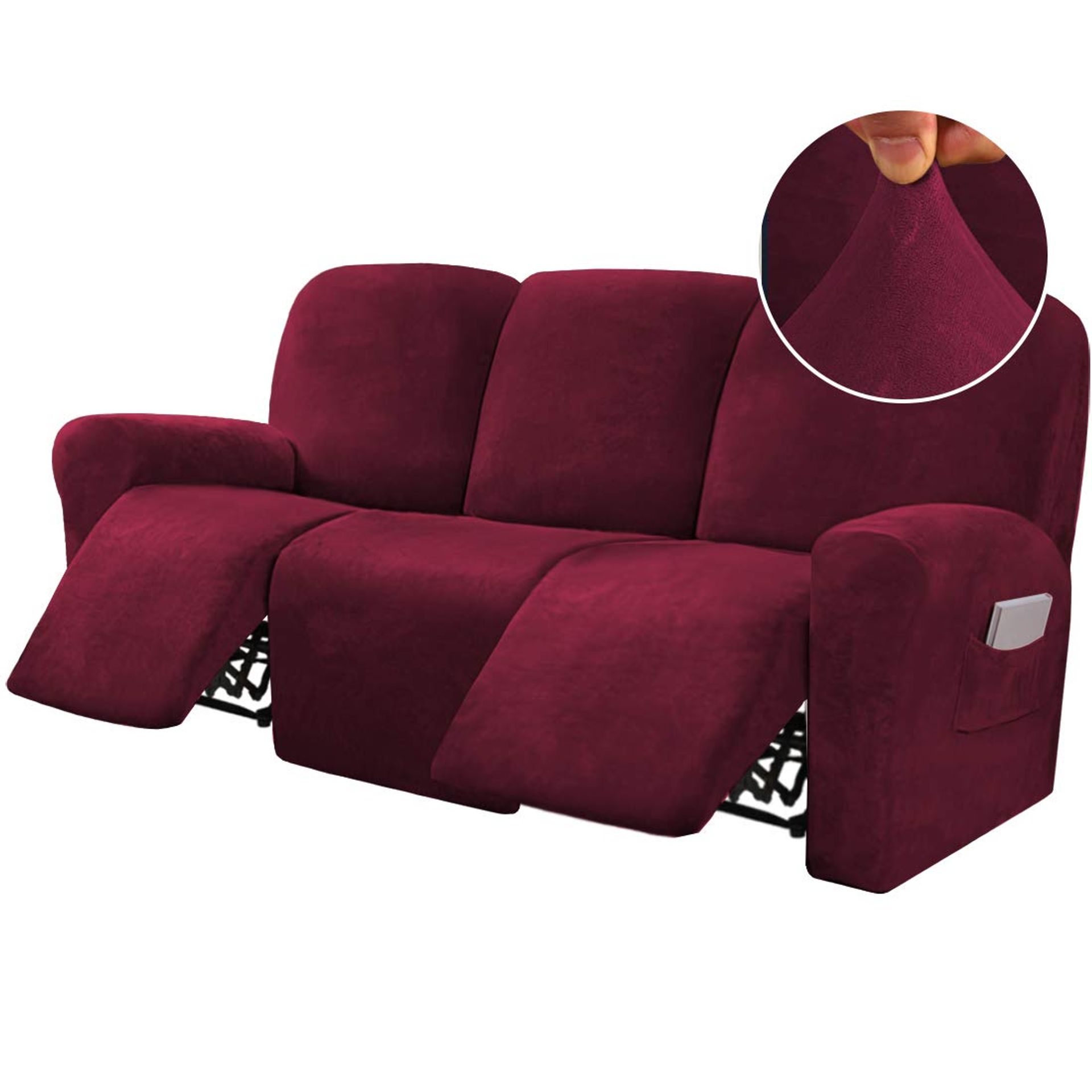Velvet Recliner Sofa Covers, 8-Piece Stretch Slipcovers for 3-Seater, Burgundy