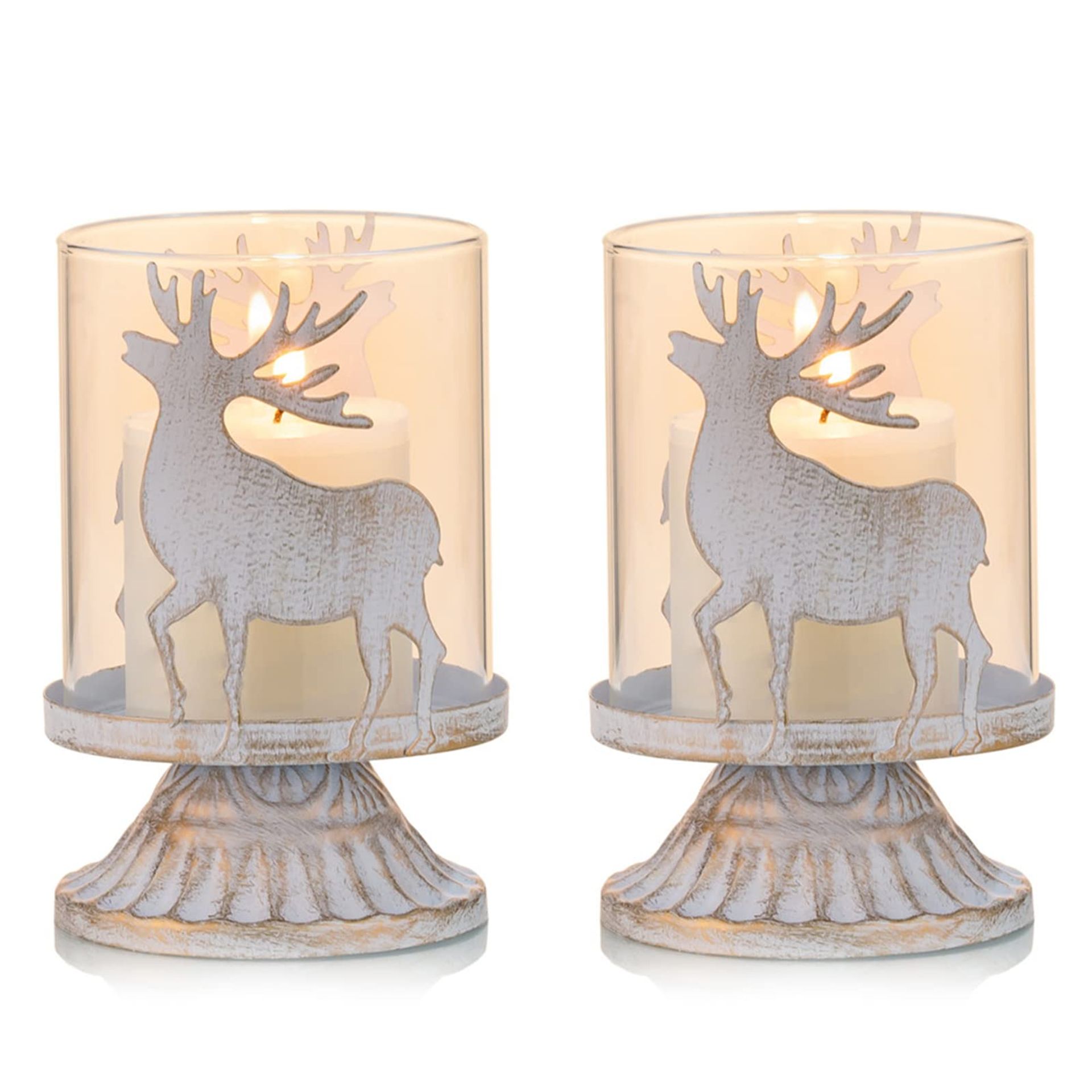 Sziqiqi Vintage Antique Metal Pillar Candle Holders Set of 2, Distressed Hurricane Candlestick Candle Holders Prefer Centerpieces for Christmas Table Mantle Fireplace Decoration, Deer