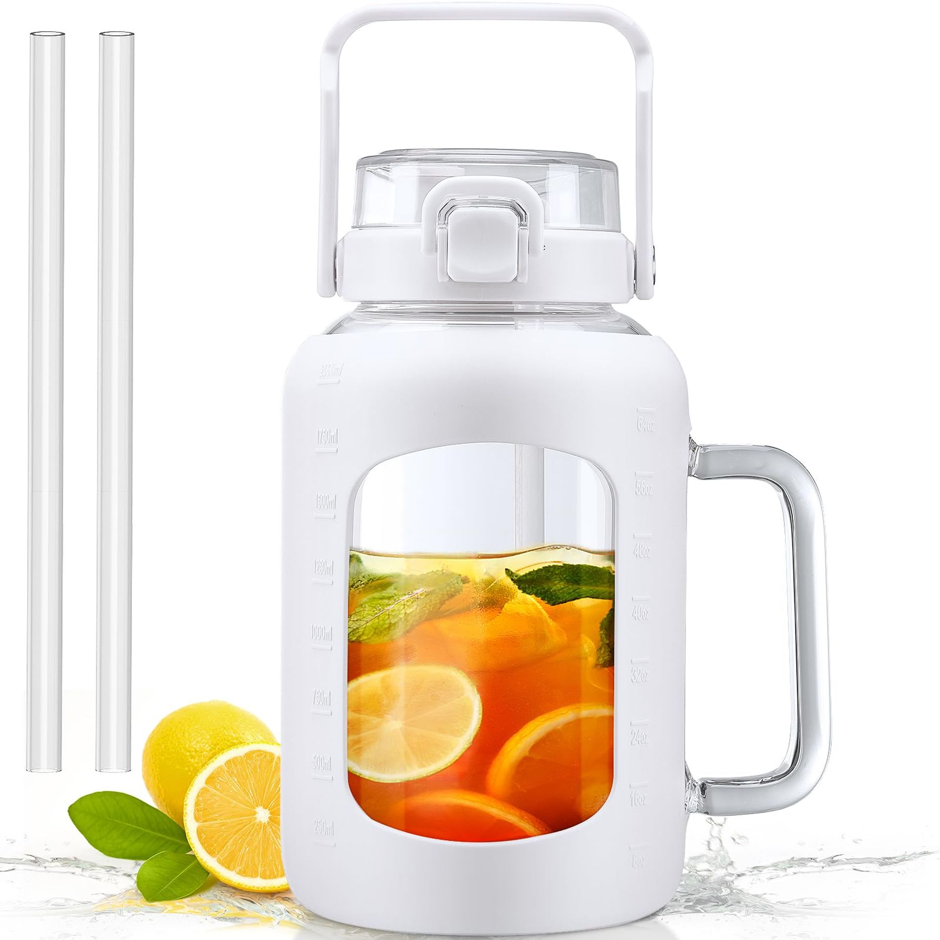 Glass Water Bottle with Handle 1.8L Leak-Proof Design with Straw, Lid and Time Markers for Fitness and Sports Hydration - White 1800 ml