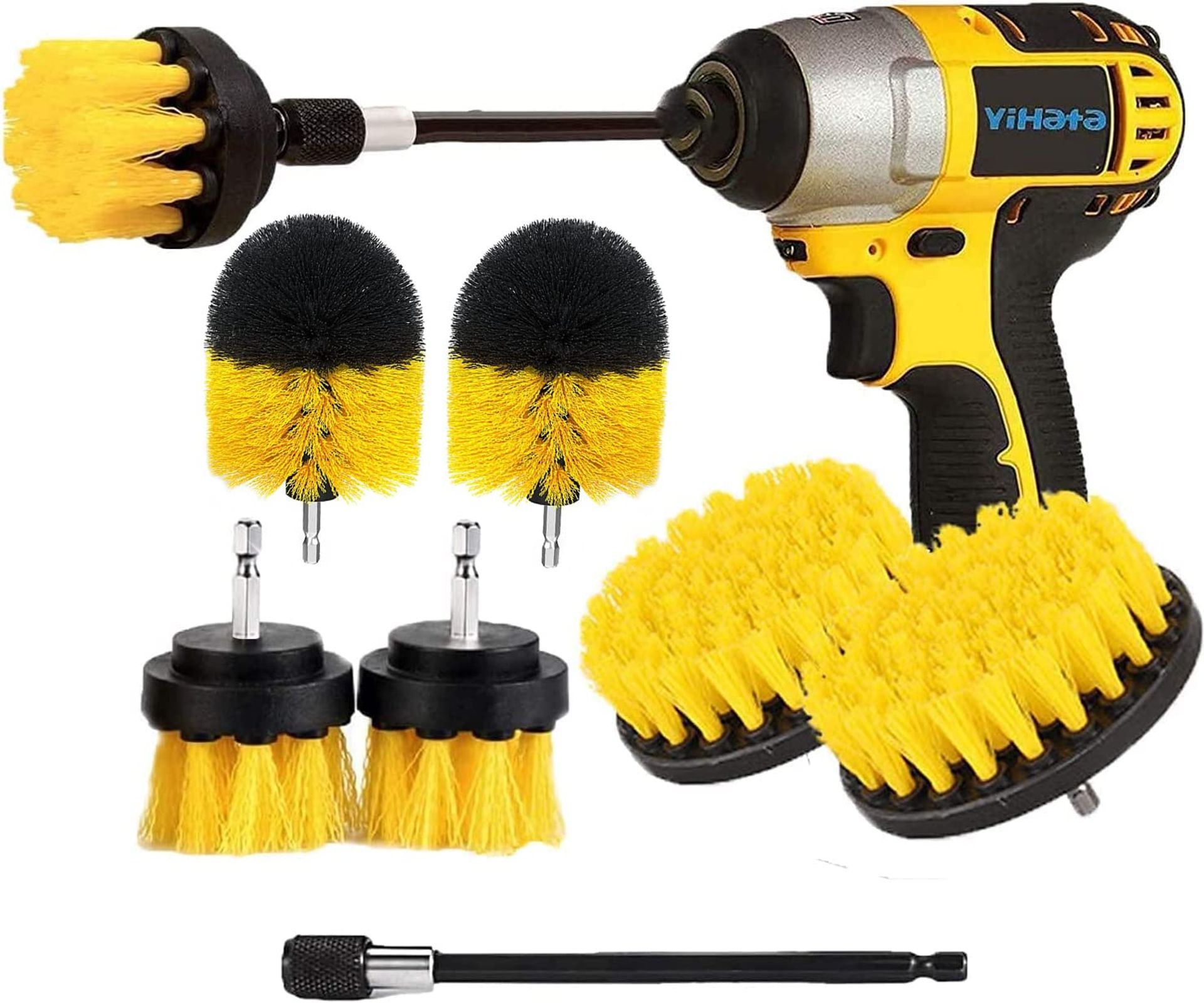 Power Scrubber Drill Brush Set, 7 Pack, Yellow, 1/4 Inch Extended Attachment for Cleaning