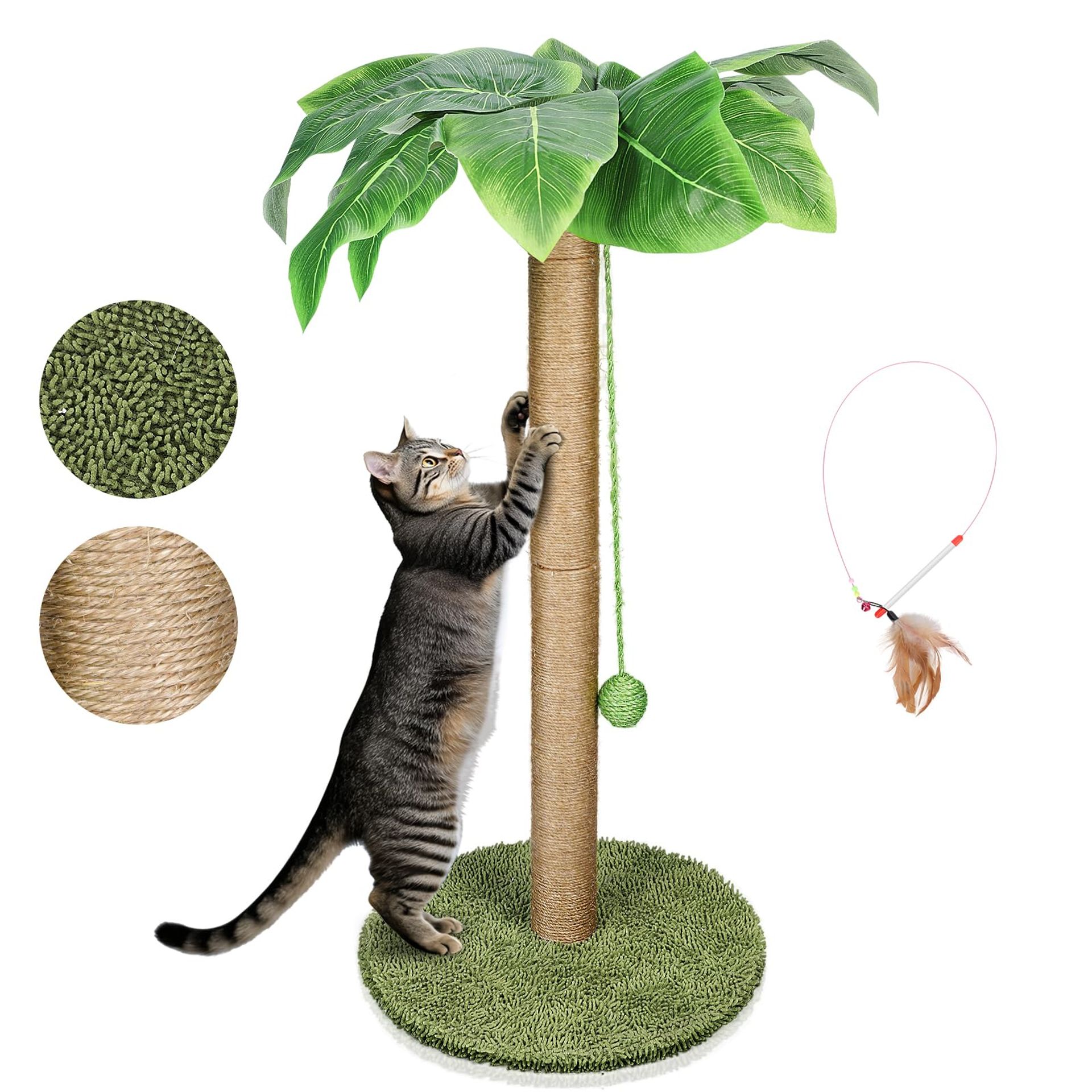 Tall Cat Scratching Post with 11 Plastic Leaves Sisal Rope and Flower Base - Brown+Green 85cm