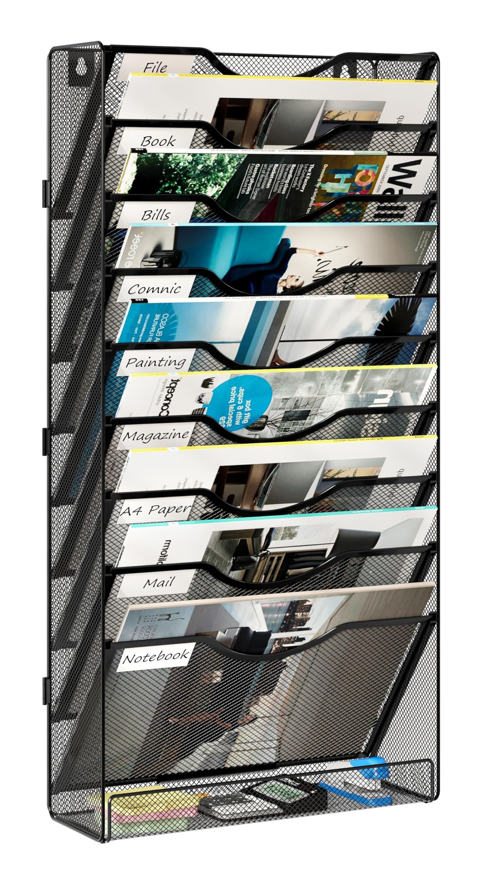 10-Tier Desk Tidy Organiser with Wall Mounted A4 File Trays and Magazine Rack - Black 10 Tier
