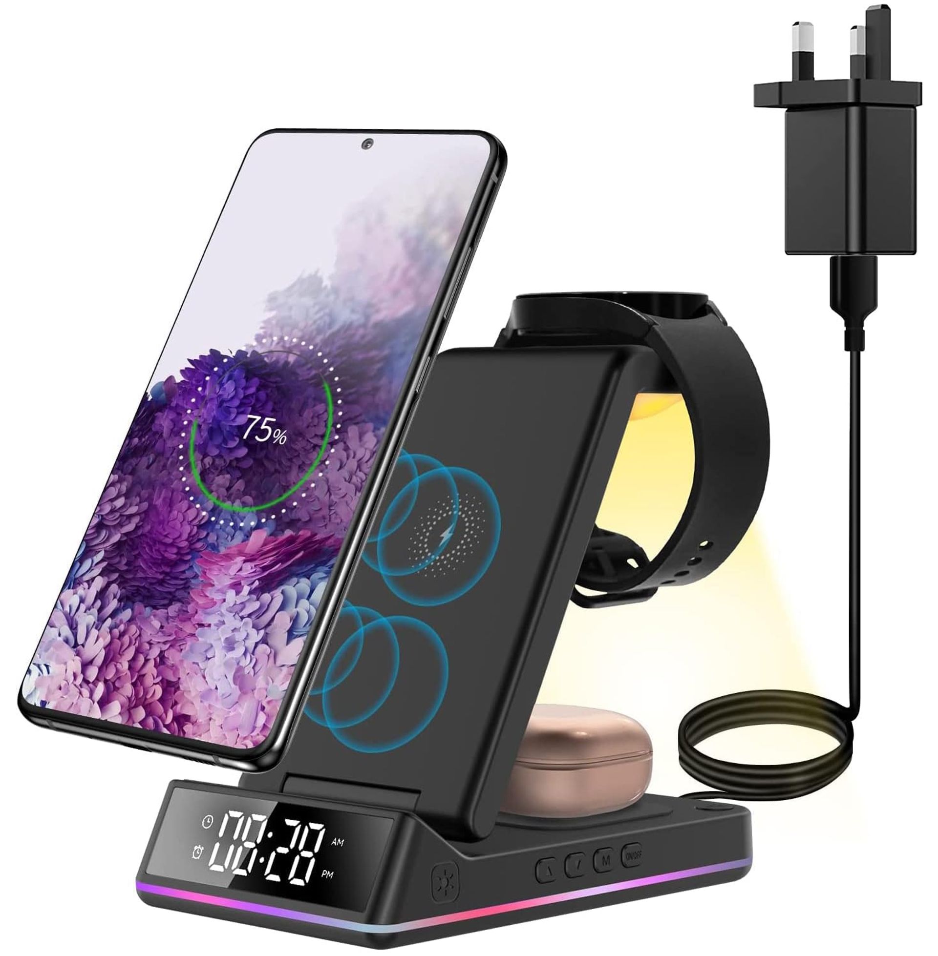 5-in-1 Wireless Charging Station with Alarm Clock and Night Light for Samsung Phones, Watches and Buds - Black UK Plug