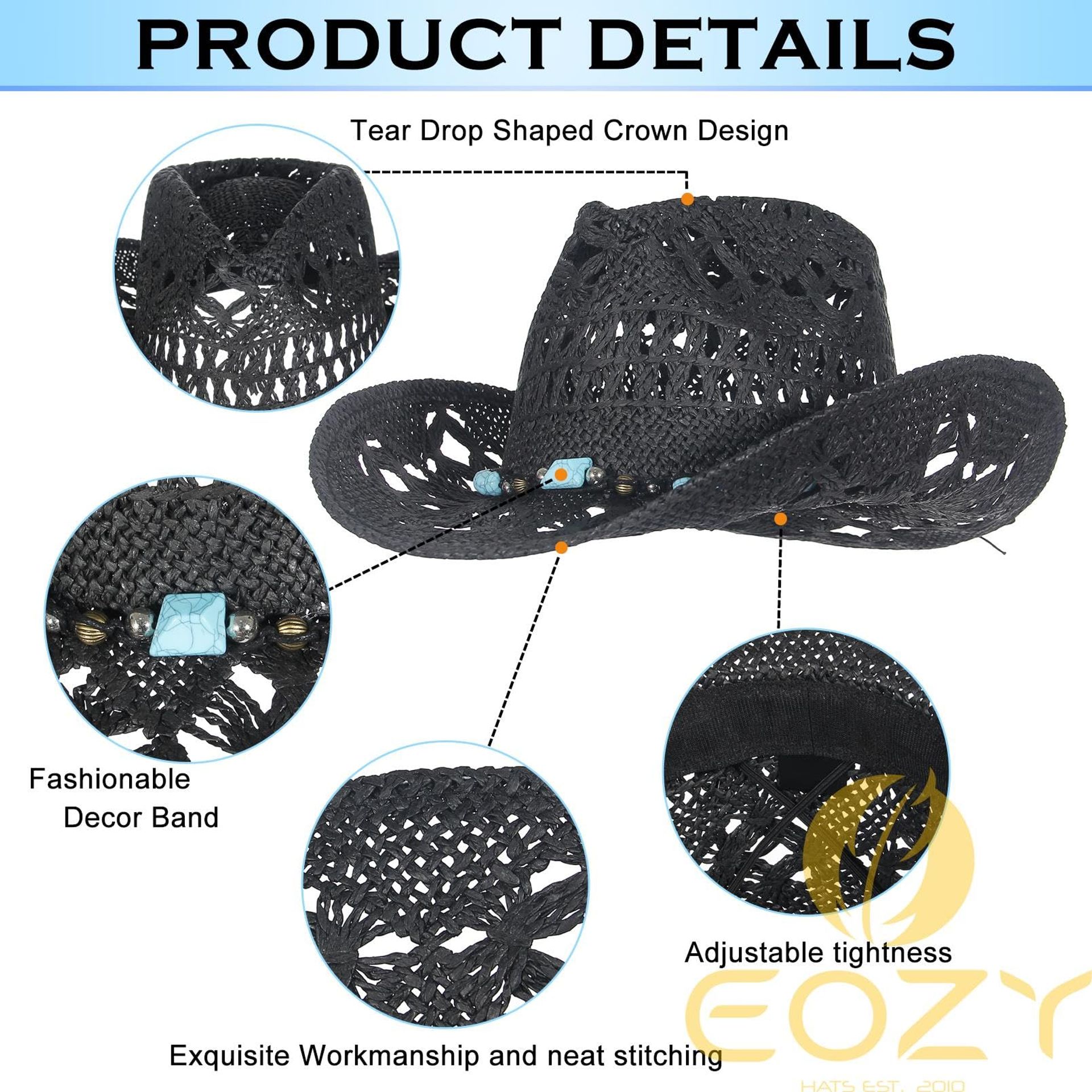 Hollow Out Straw Cowboy Hat Roll Up Brim Adjustable Sun Hat Men Women main image 4