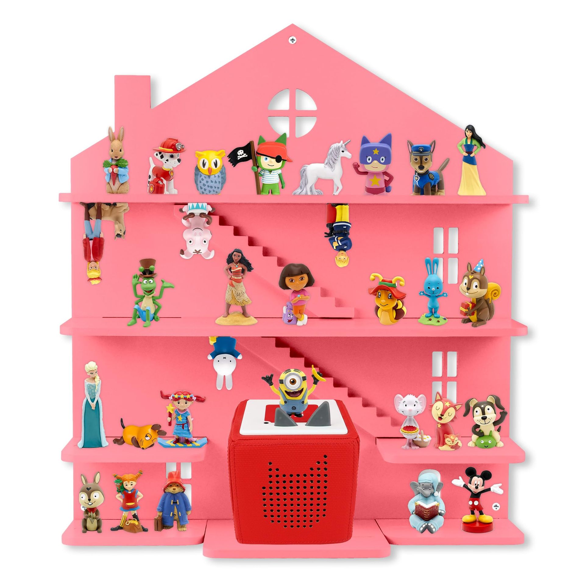 Wall Mounted Shelf for Tonies Figures & Toniebox, Wooden Magnetic Pink House Storage for 50 Characters, Cute Kids Room Décor