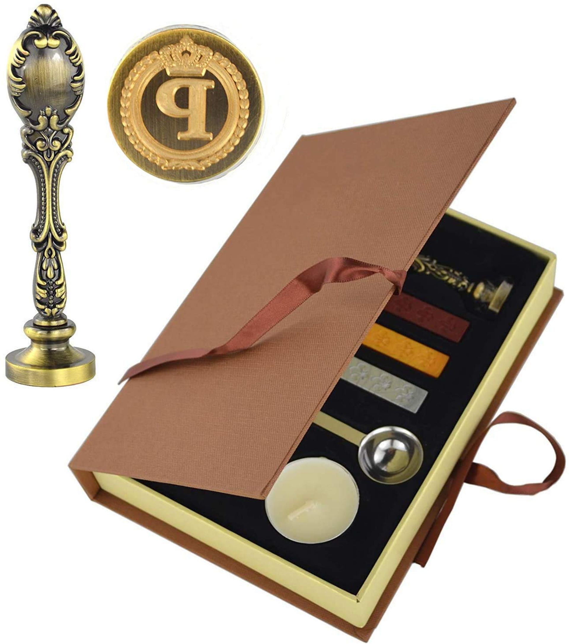 Vintage Initials Wax Seal Stamp Kit with Brass Head & Sealing Wax - Retro Gift Set for Letters & Crafts