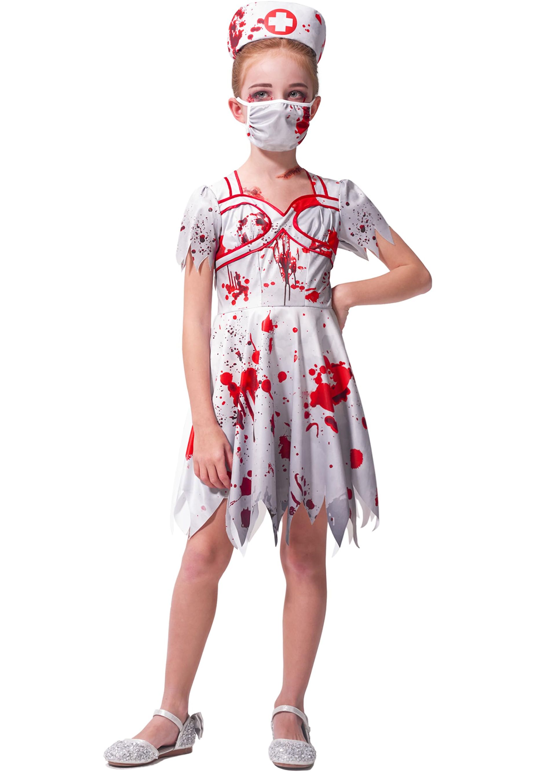 Girls Zombie Nurse Costume 3 Piece Halloween Fancy Dress Outfit with Mask & Headband - Zombie B 7-8 Years